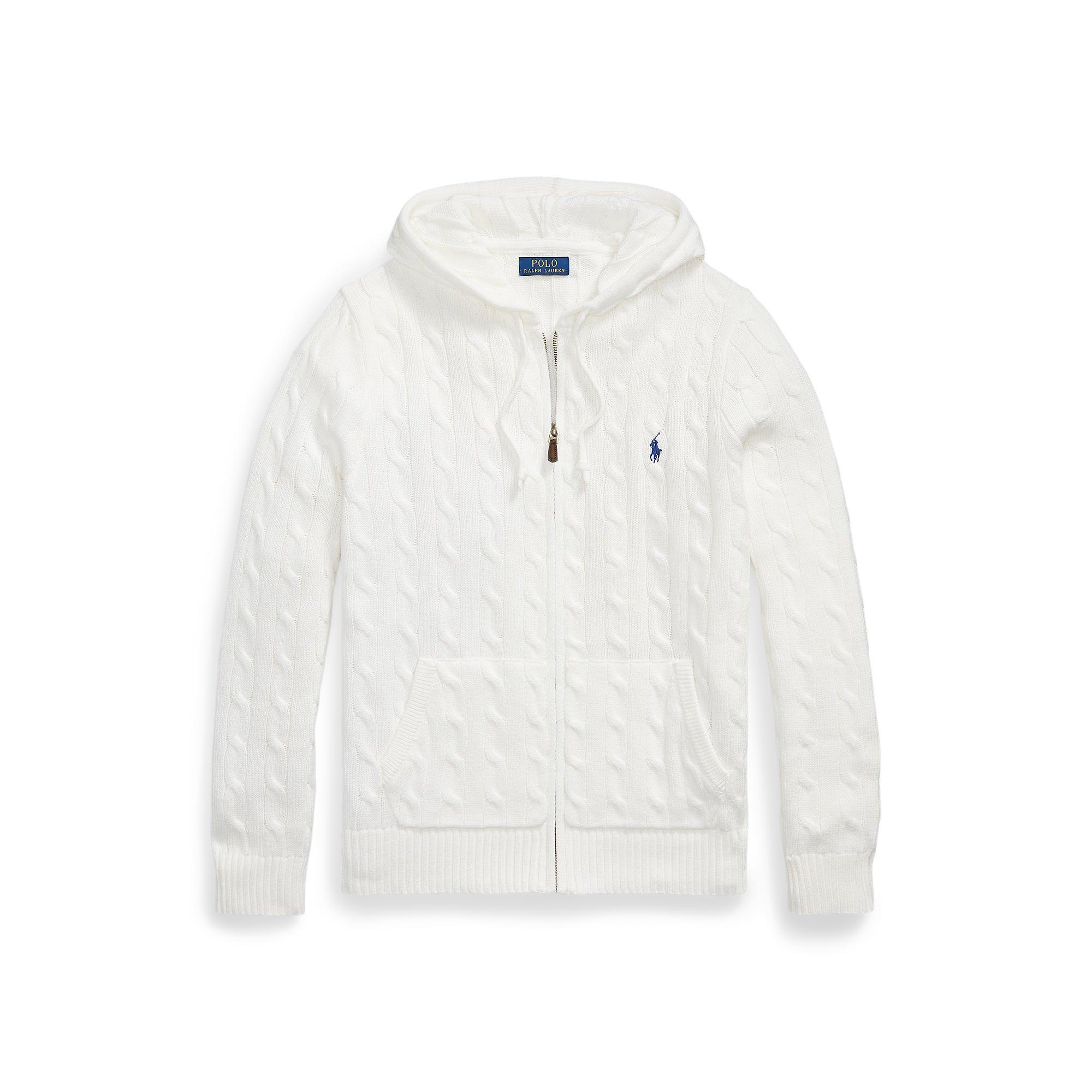 Polo Ralph Lauren Mens Cable-Knit Cotton Hooded Jumper - White - M