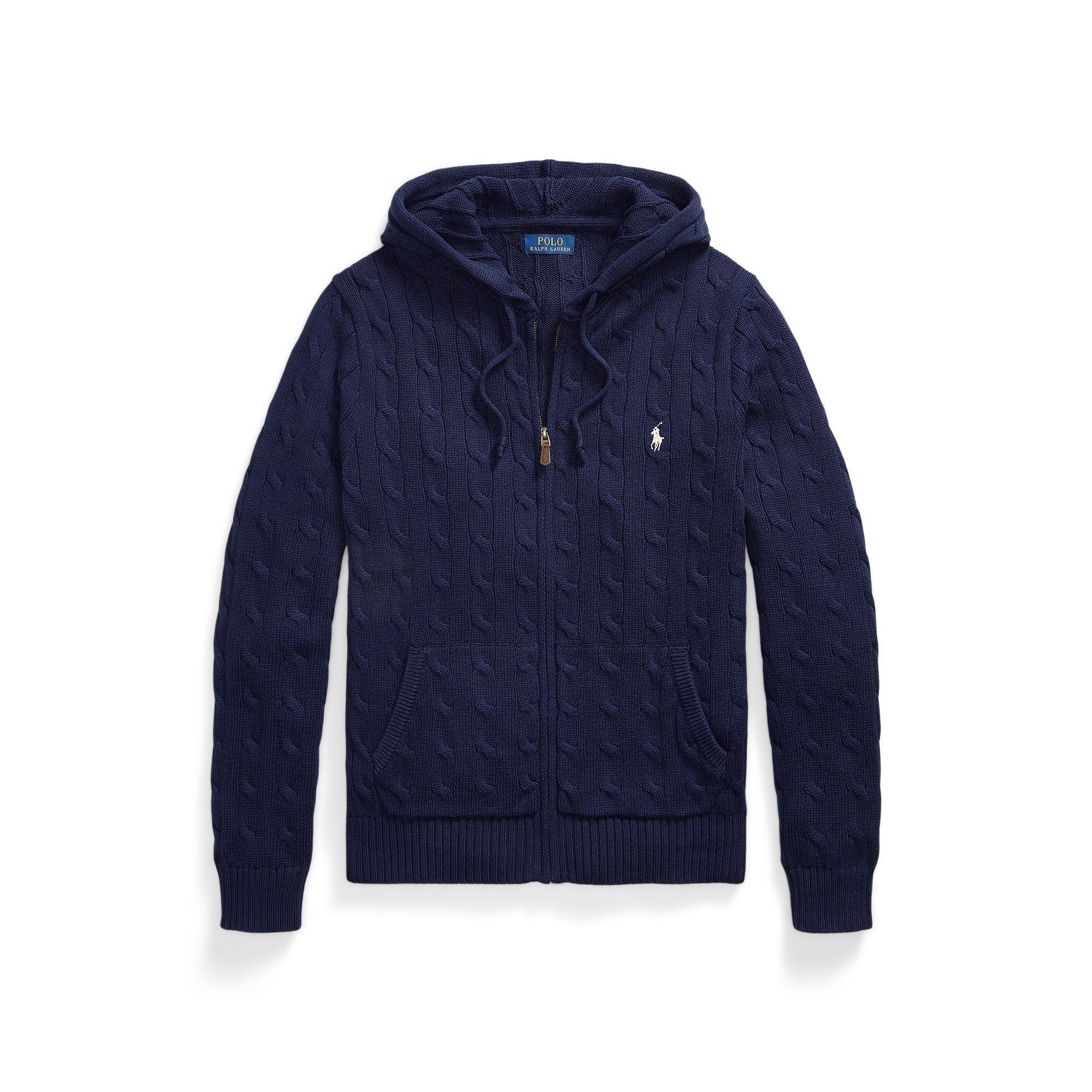 Polo Ralph Lauren Mens Cable-Knit Cotton Hooded Jumper - Bright Navy - M