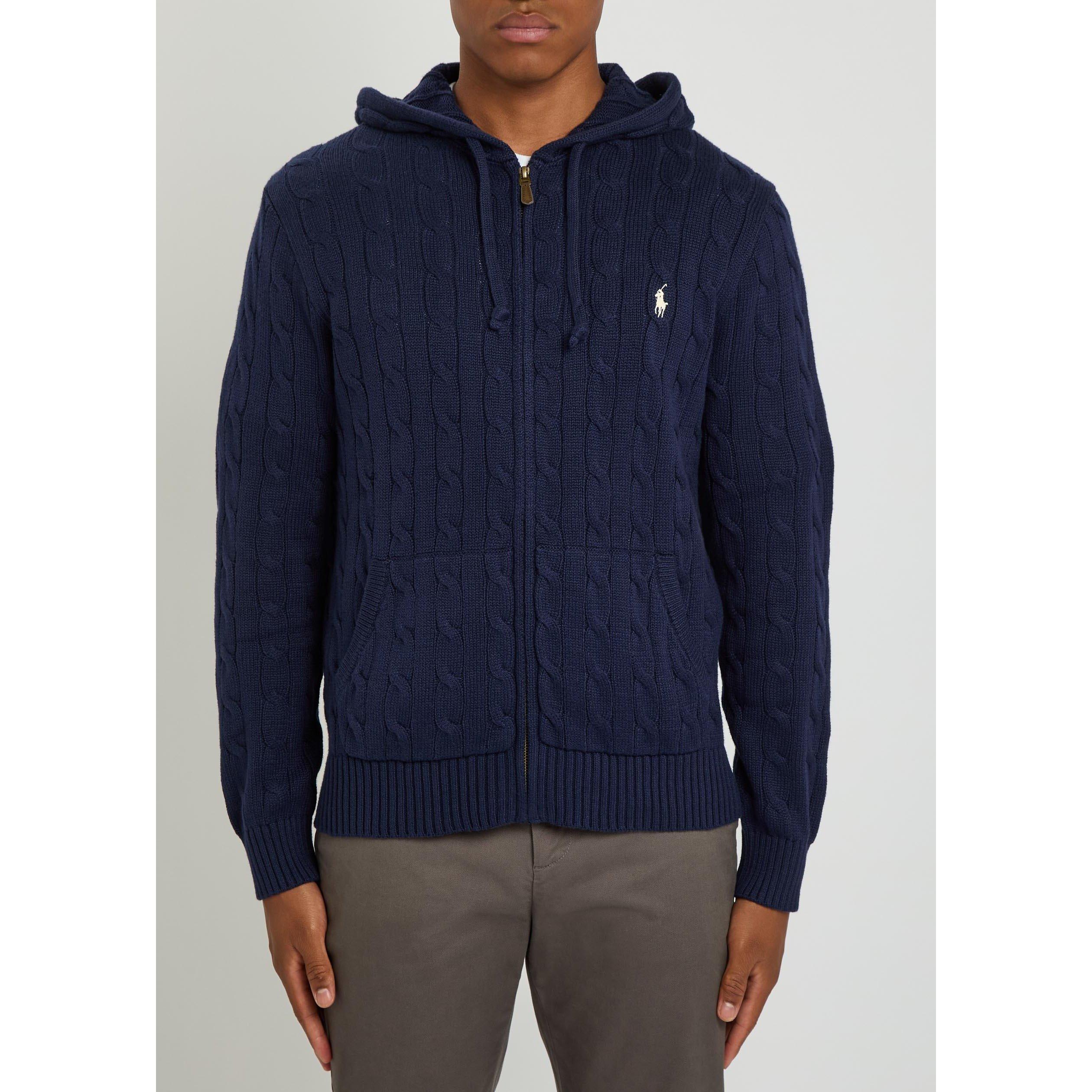 Bright Navy - Polo Ralph Lauren - Mens Cable-Knit Cotton Hooded Jumper - 2