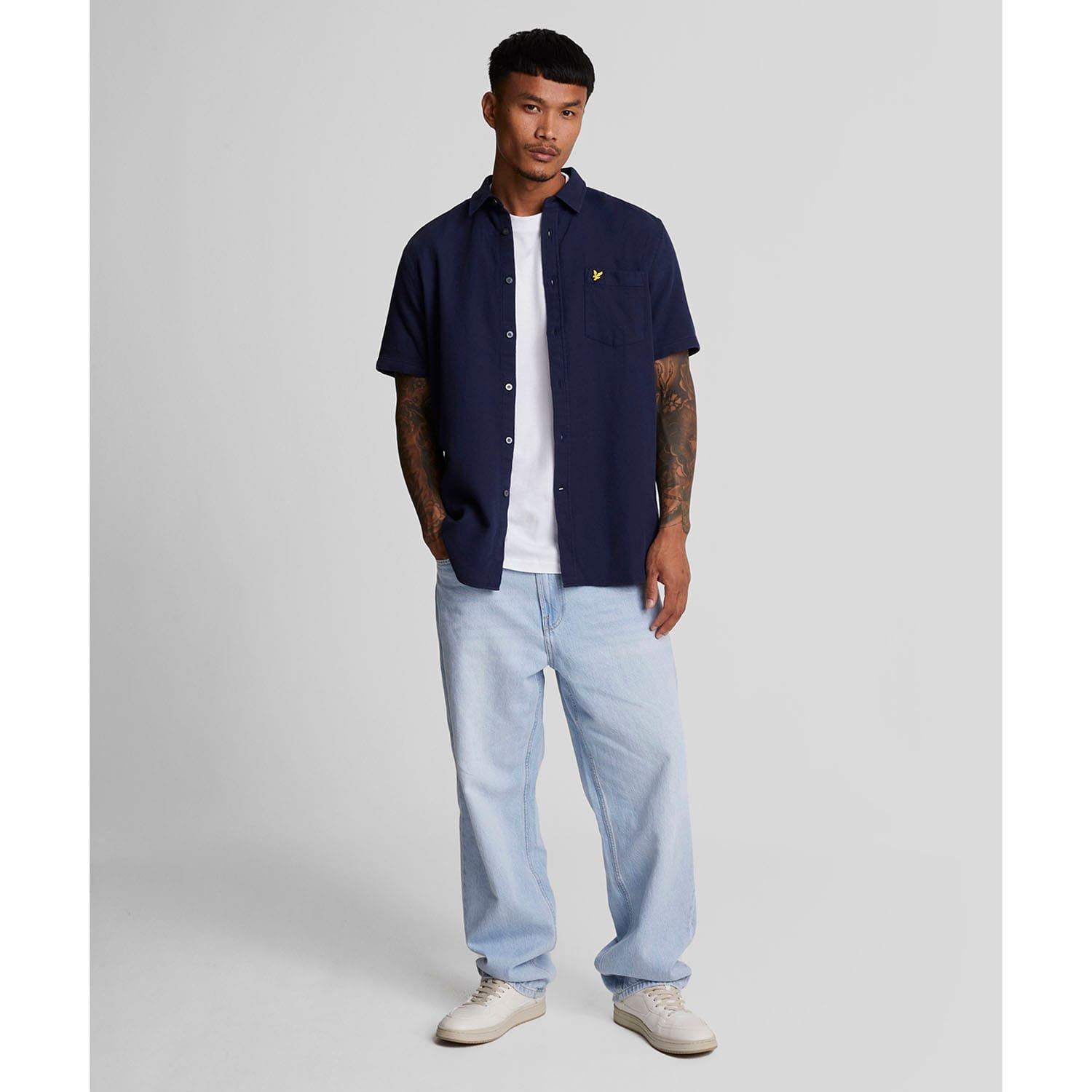 Navy - Lyle and Scott - Short Sleeve Basket Weave Shirt - 2