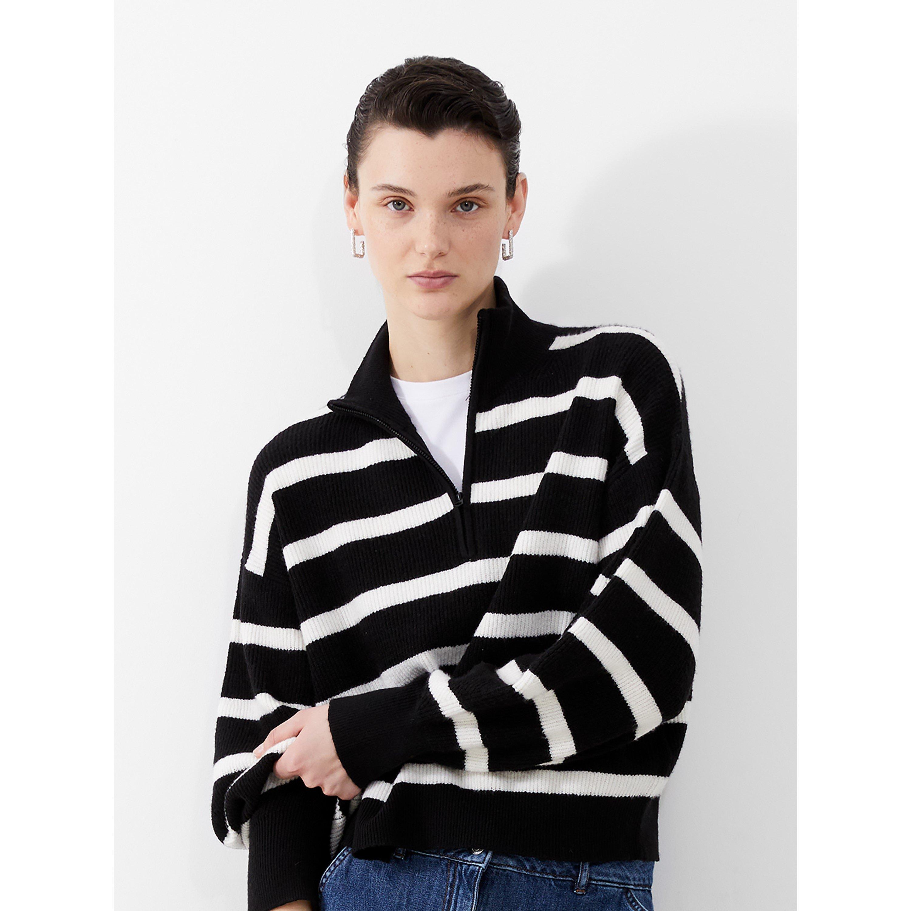 Black Stripe - French Connection - Women's Vhari Half-Zip Crew Neck Jumper - 2