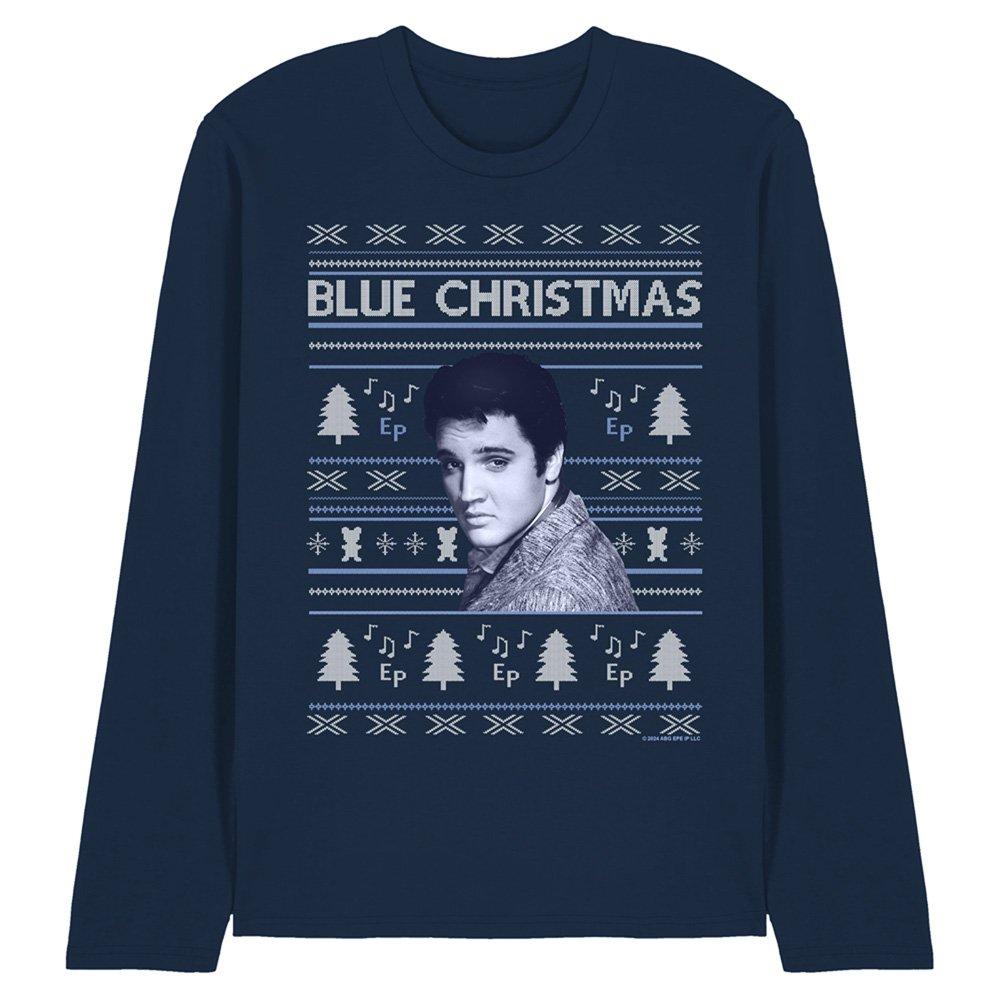 Navy - Elvis Presley - Elvis Blue Ugly Christmas Fair Isle Long Sleeve T- - 1