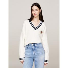 Tommy Jeans V Neck Cable Knit Sweater with Crest Logo