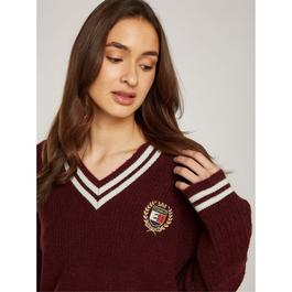 Tommy Jeans V Neck Cable Knit Sweater with Crest Logo