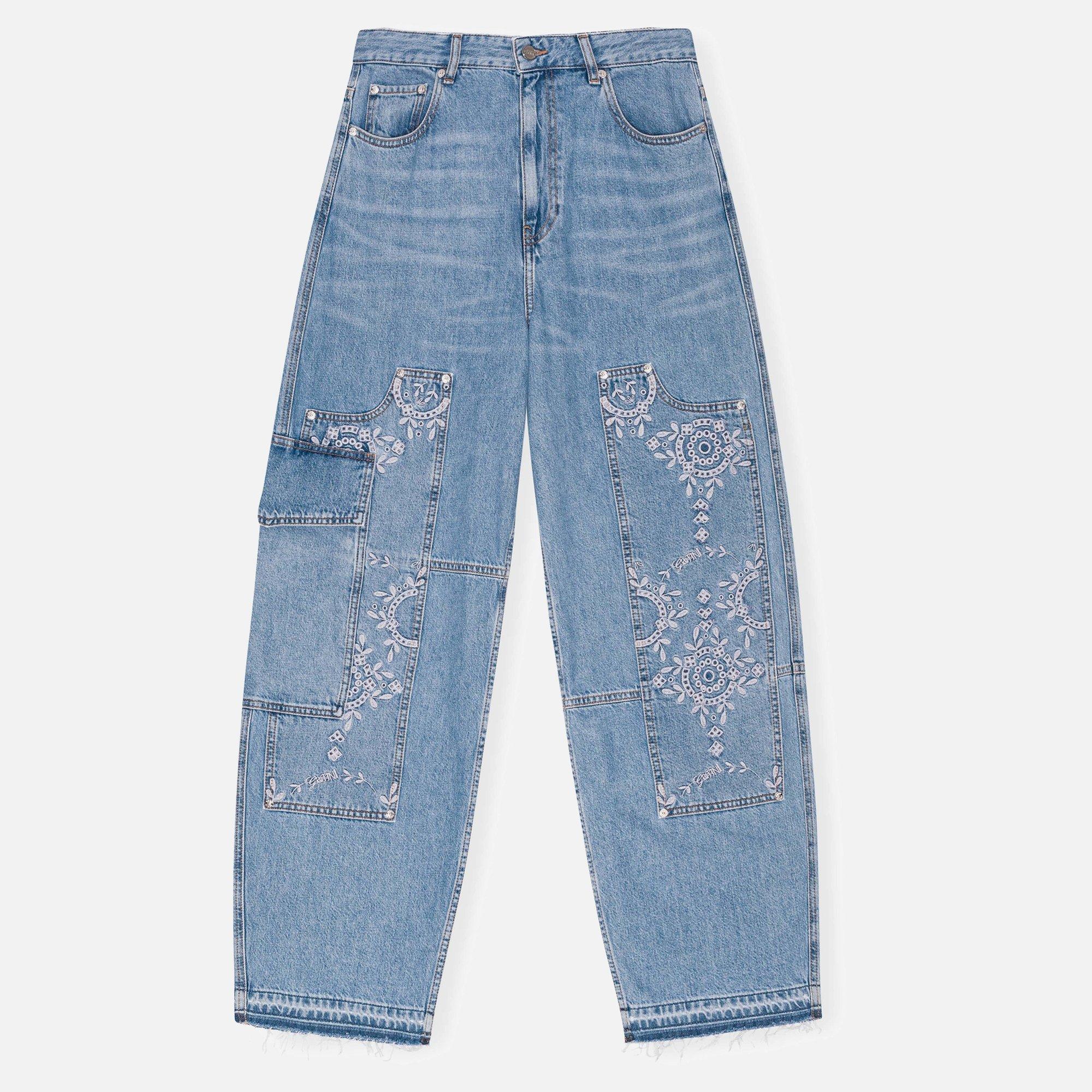 LightBlue Stone - Ganni - Women's Embroidered Wide Leg Jeans - 1