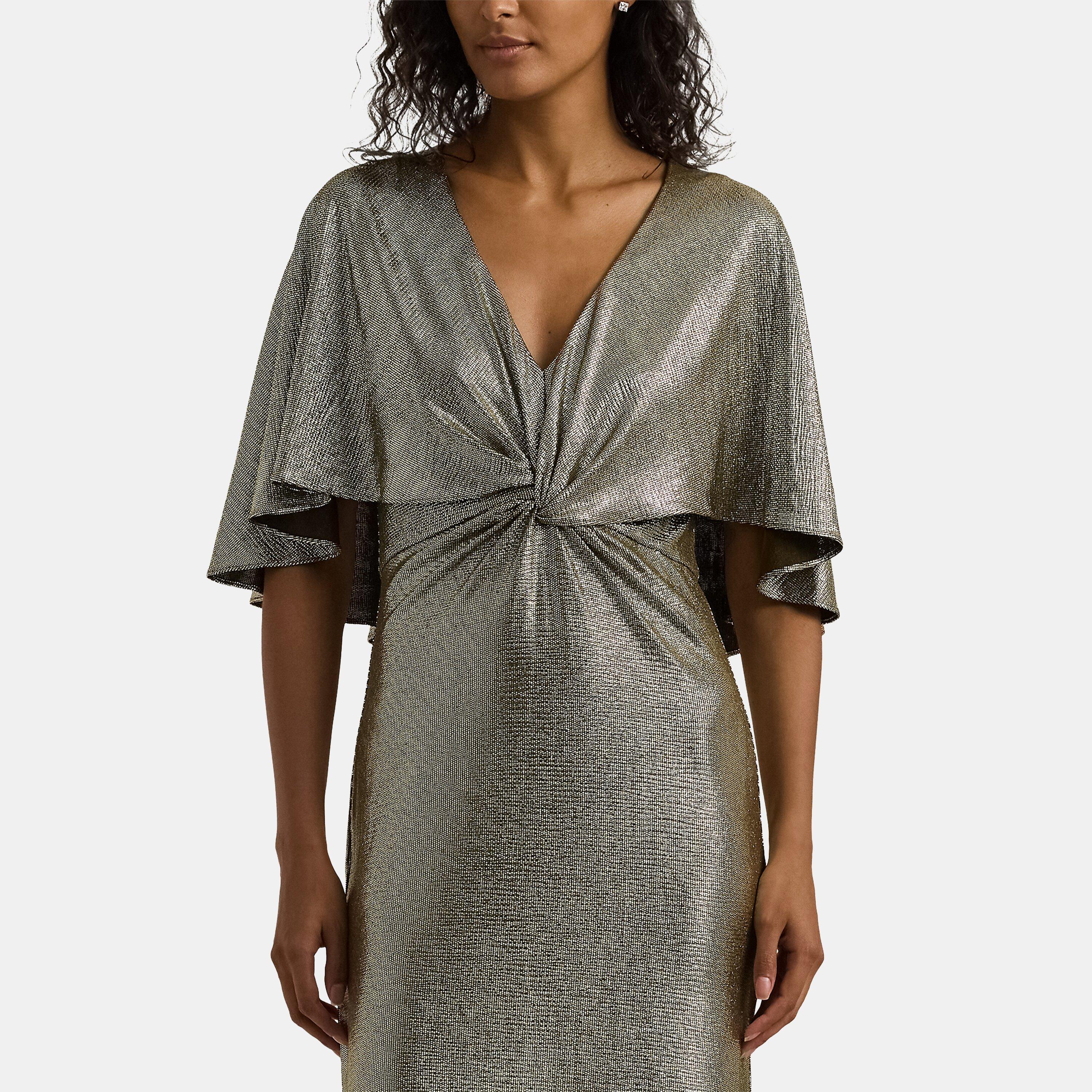 Botanic Grn/Gld - Lauren by Ralph Lauren - Metallic Knit Twist-Front Cape Gown - 2