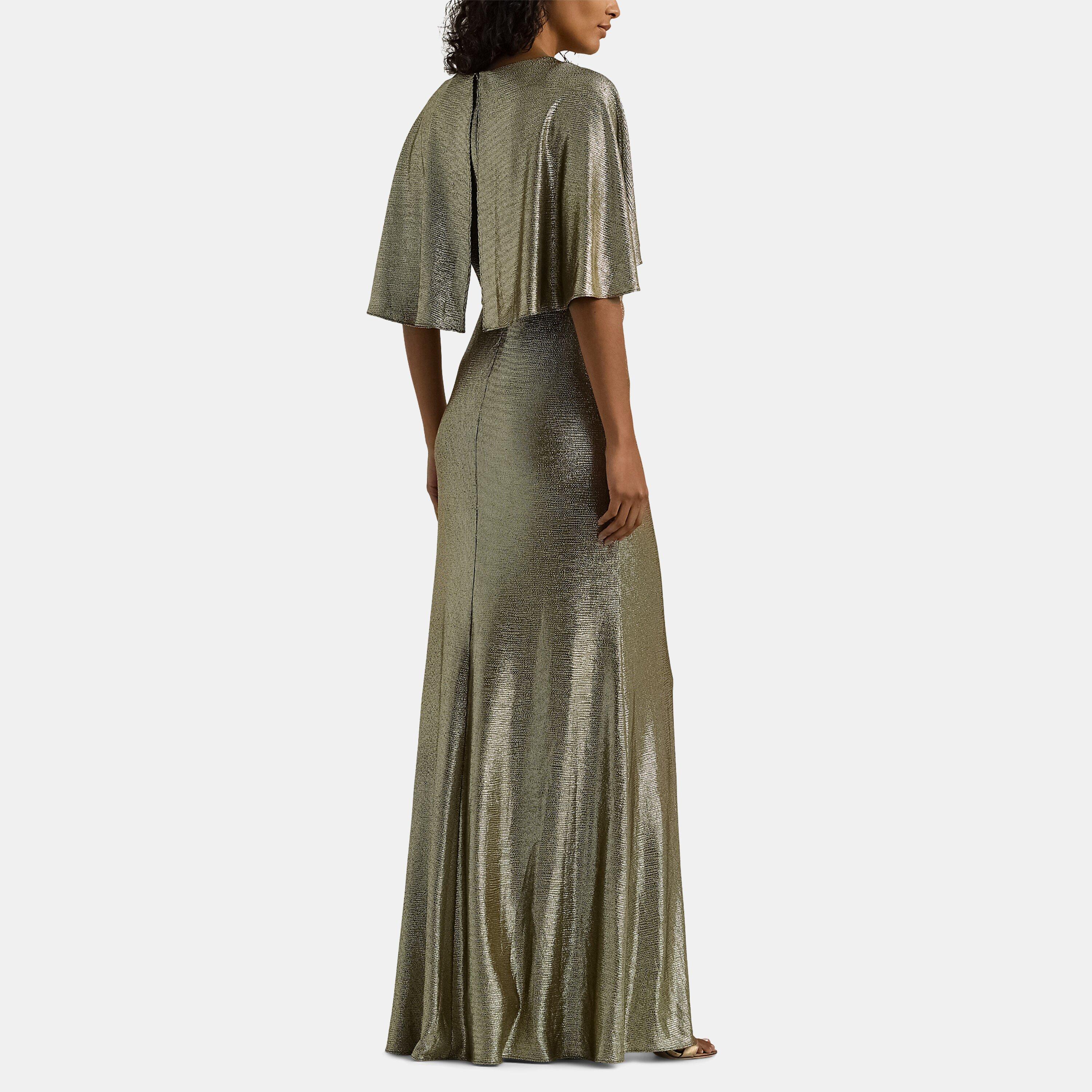 Botanic Grn/Gld - Lauren by Ralph Lauren - Metallic Knit Twist-Front Cape Gown - 3