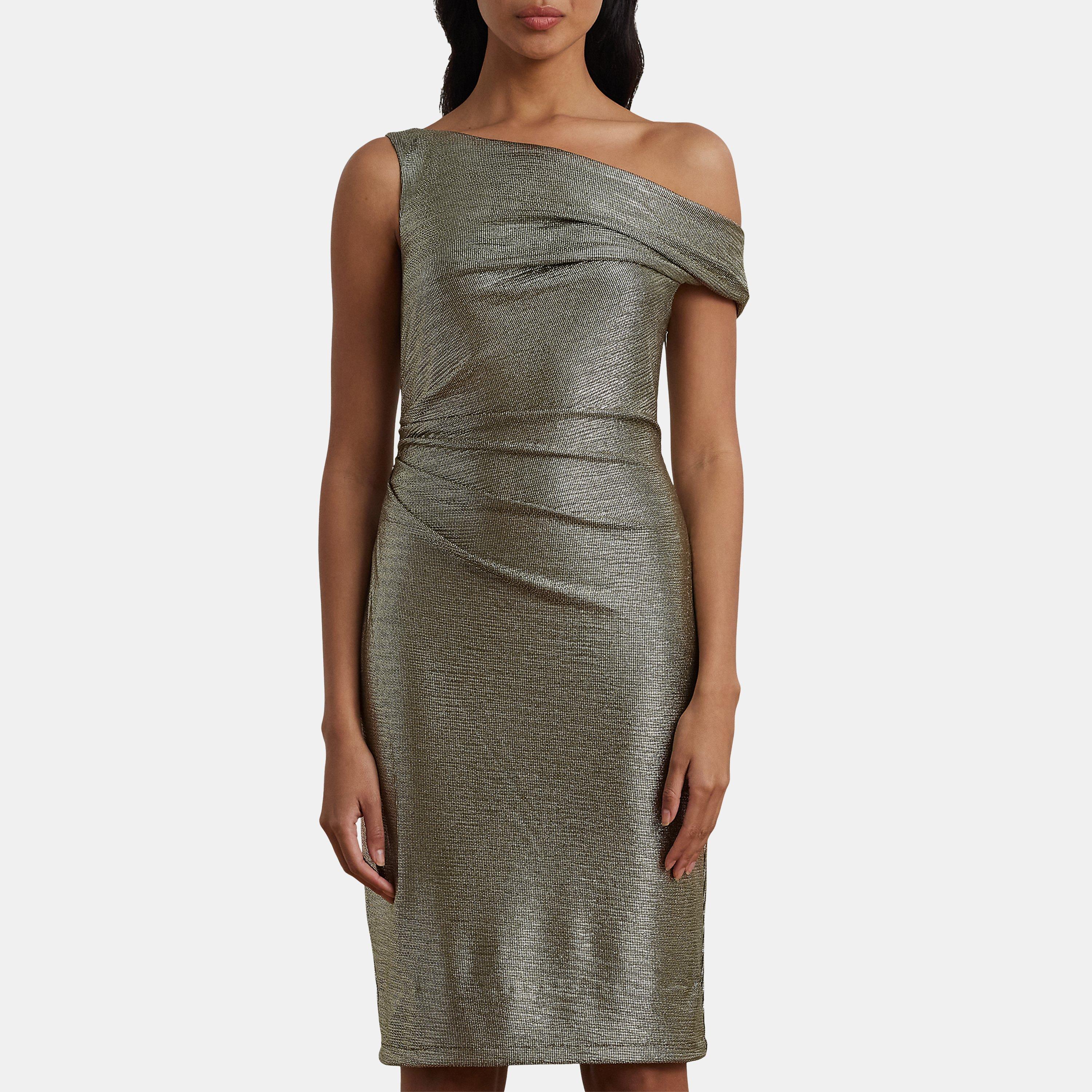Botanic Grn/Gld - Lauren by Ralph Lauren - Metallic One-Shoulder Cocktail Dress - 2