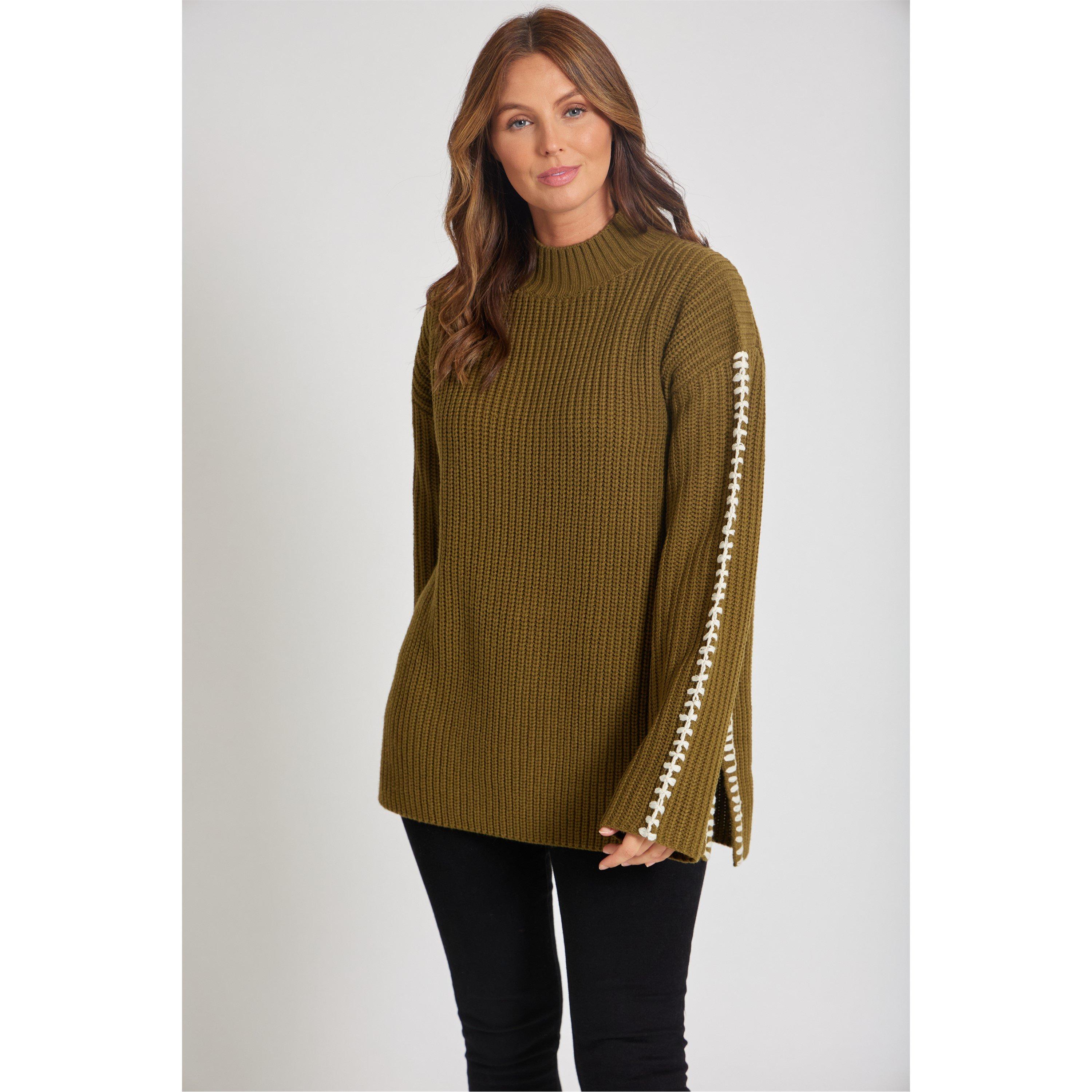 Khaki - Be You - Women's BY Contrast Stitch Crew Neck Jumper - 1