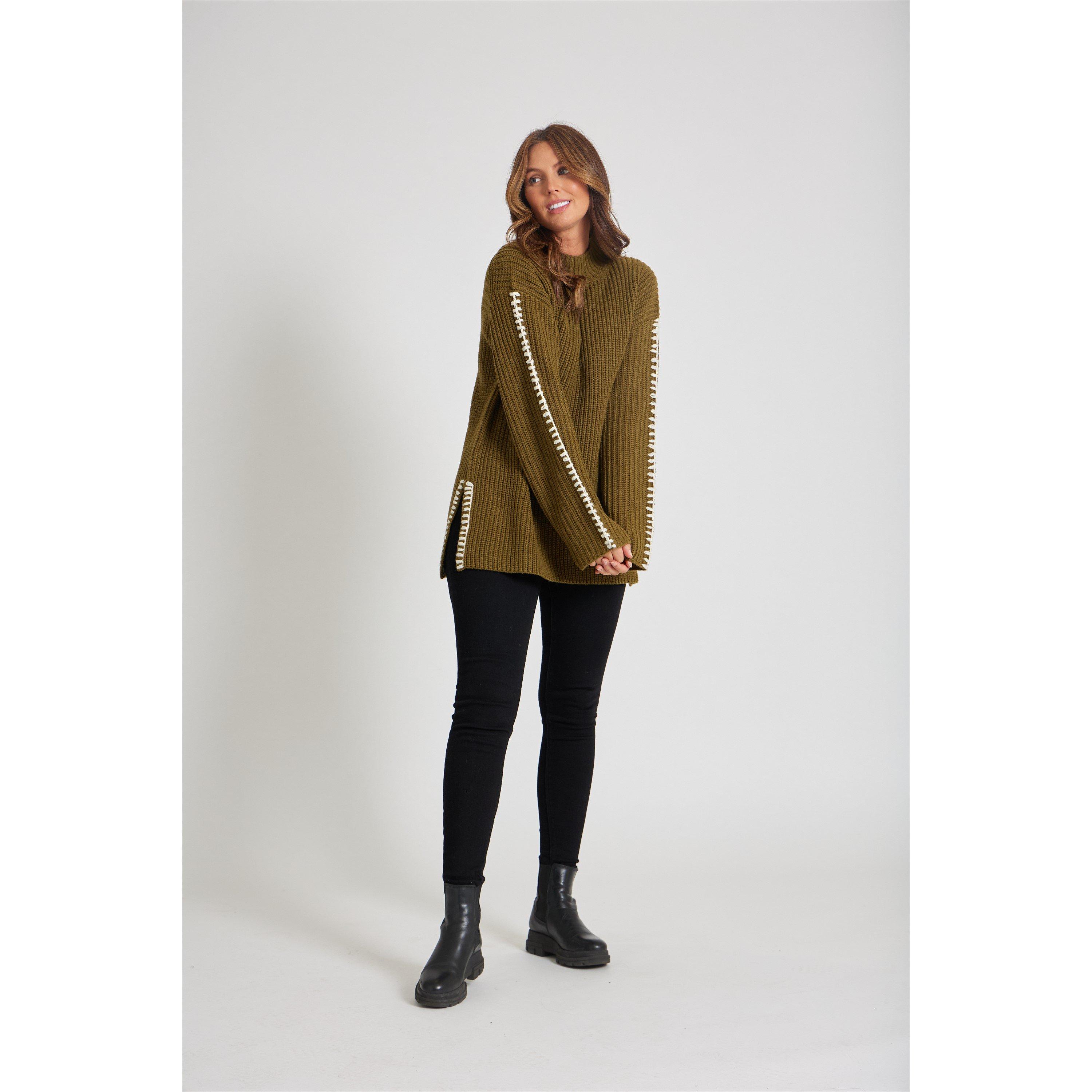 Khaki - Be You - BY Contrast Stitch Crew Neck Jumper - 2