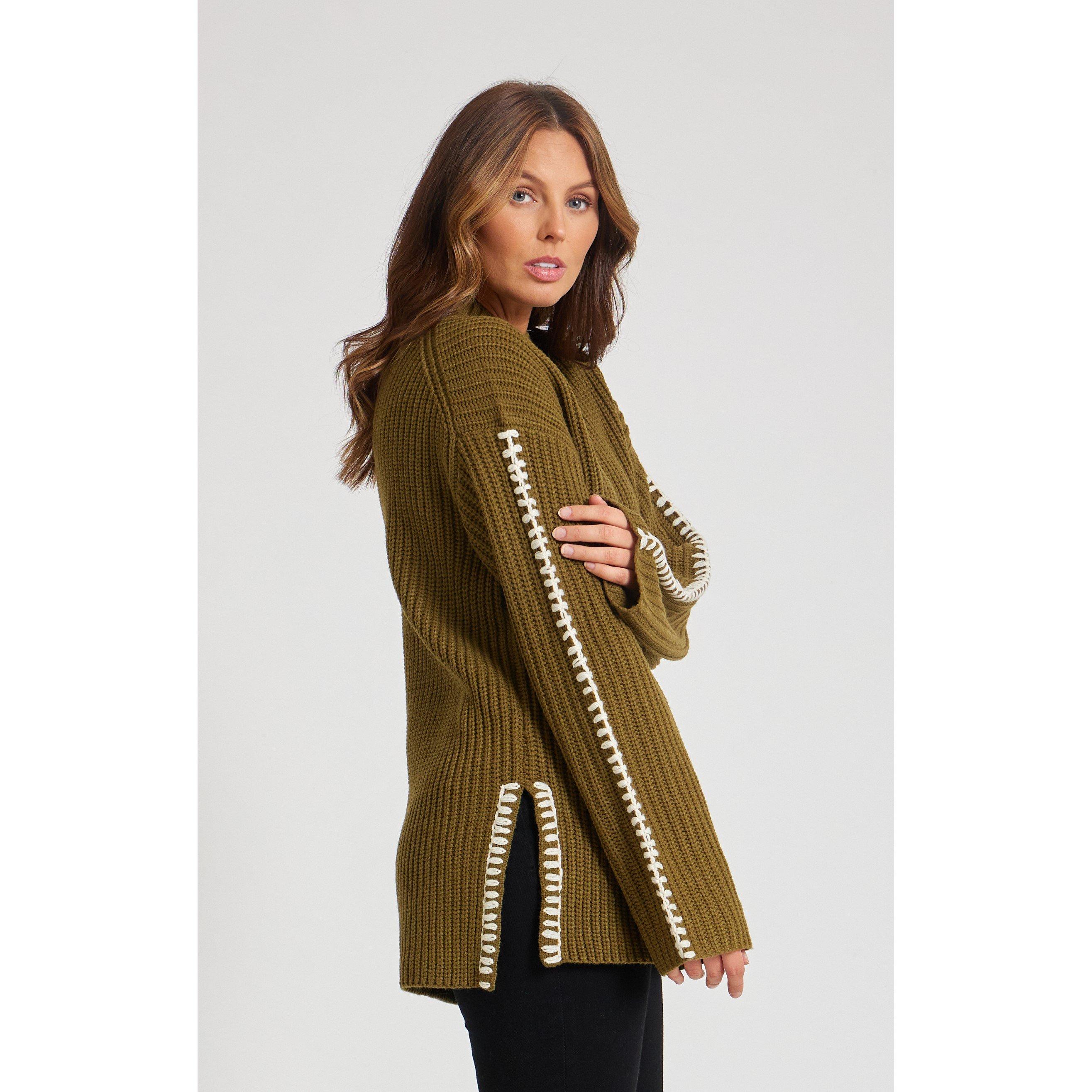 Khaki - Be You - BY Contrast Stitch Crew Neck Jumper - 5