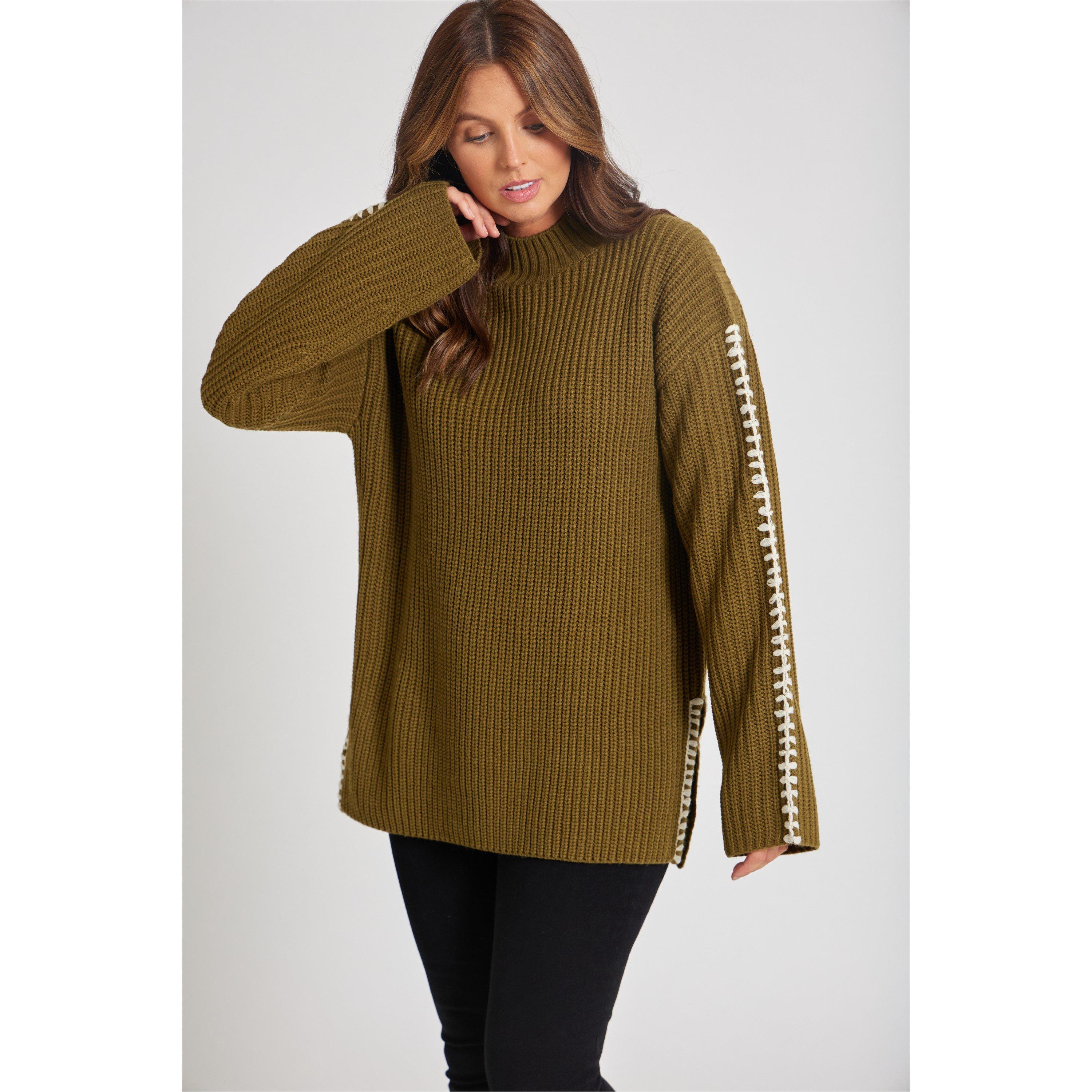 Khaki - Be You - BY Contrast Stitch Crew Neck Jumper - 6