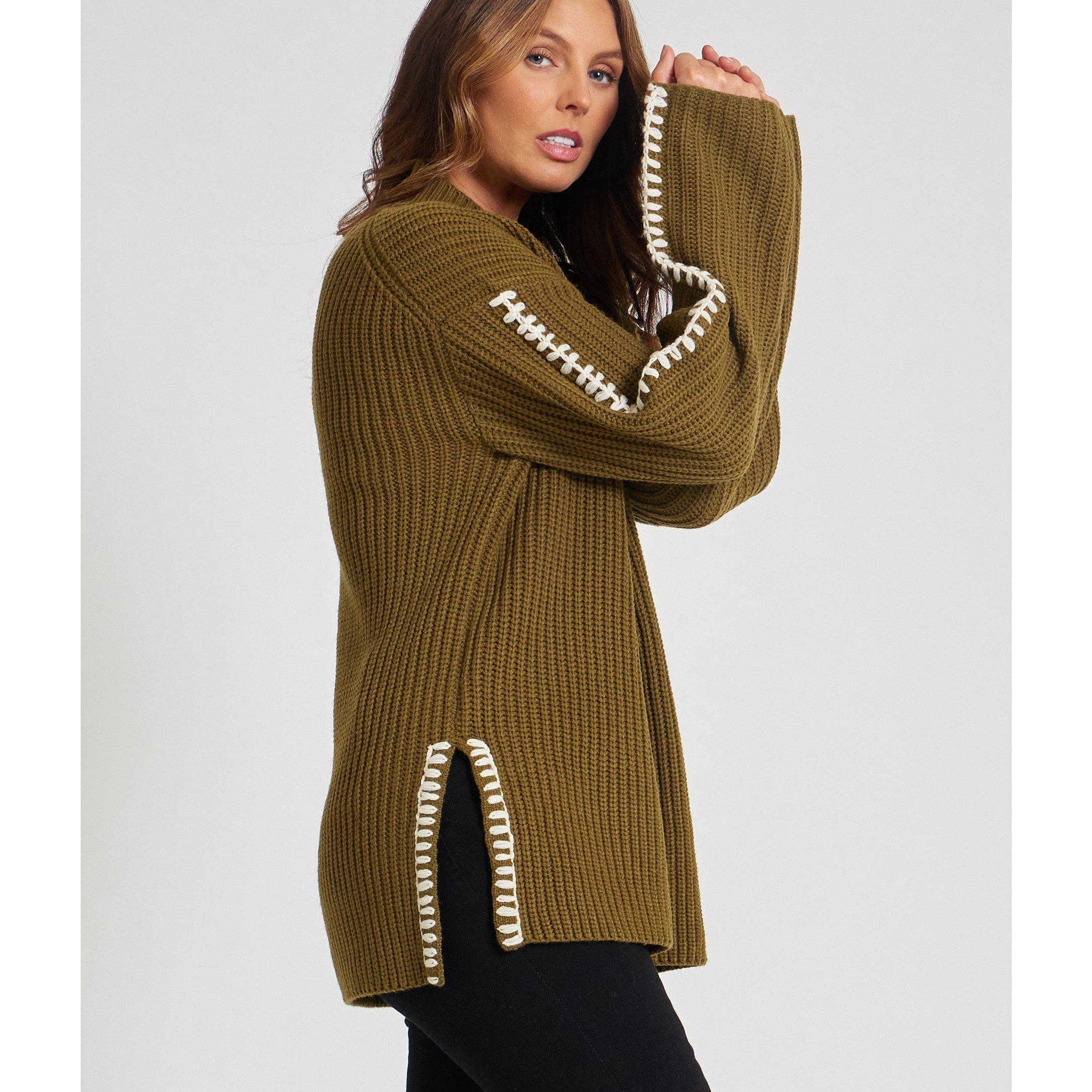 Khaki - Be You - BY Contrast Stitch Crew Neck Jumper - 4