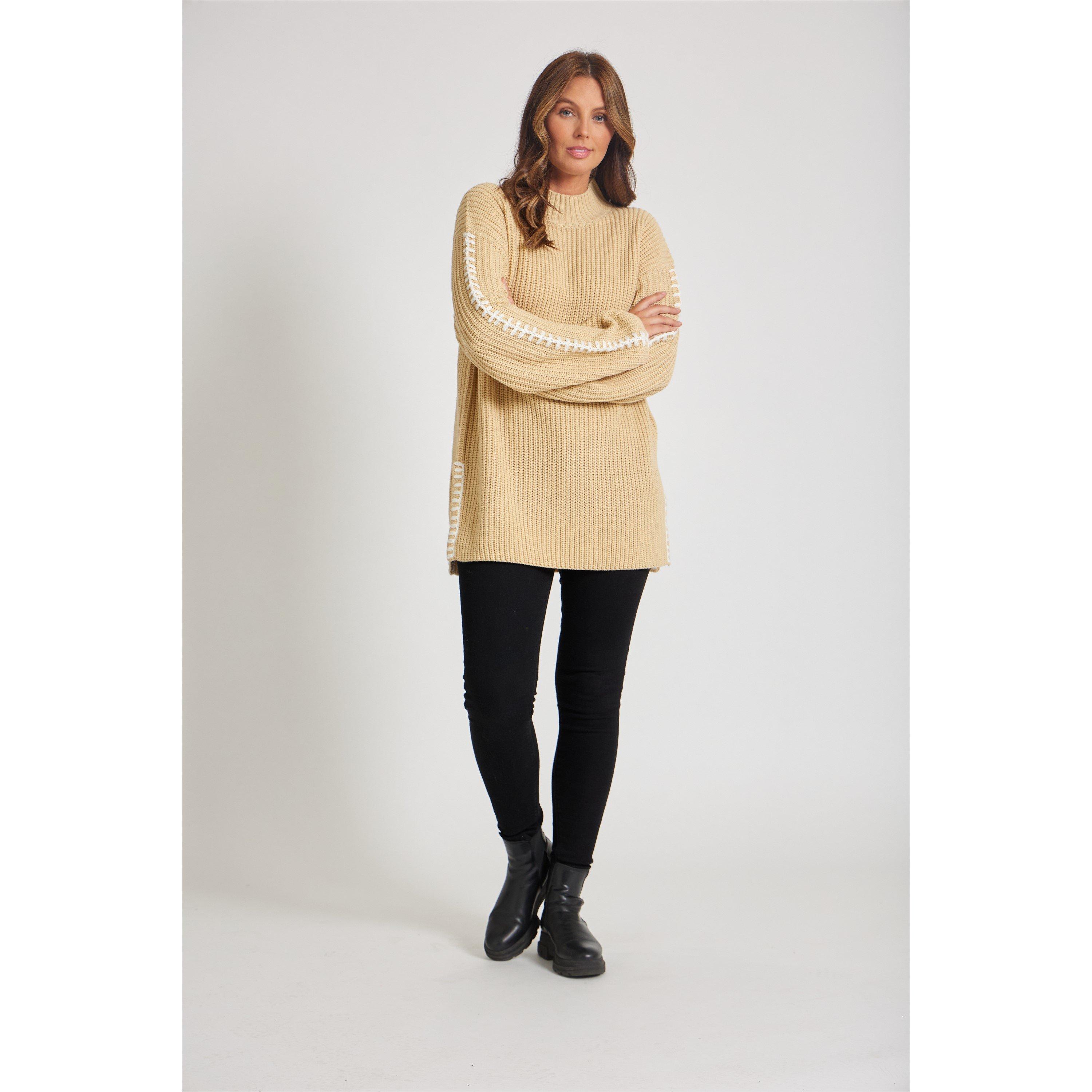 Beige - Be You - Women's BY Contrast Stitch Crew Neck Jumper - 2
