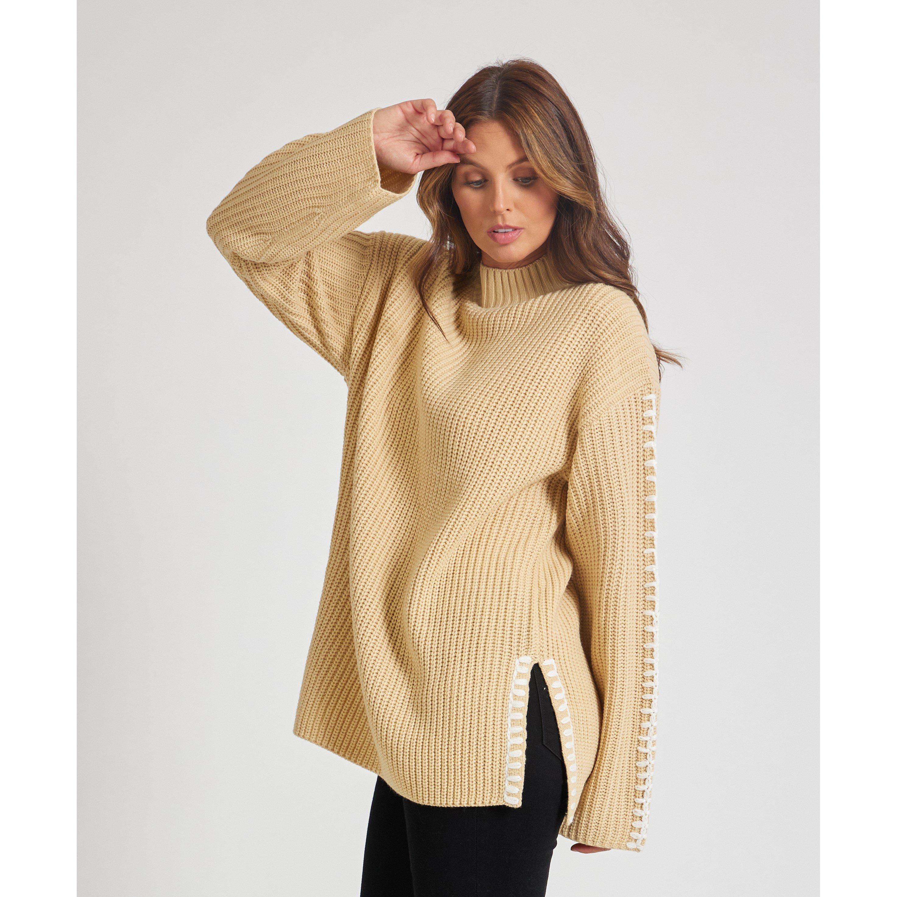 Beige - Be You - Women's BY Contrast Stitch Crew Neck Jumper - 5