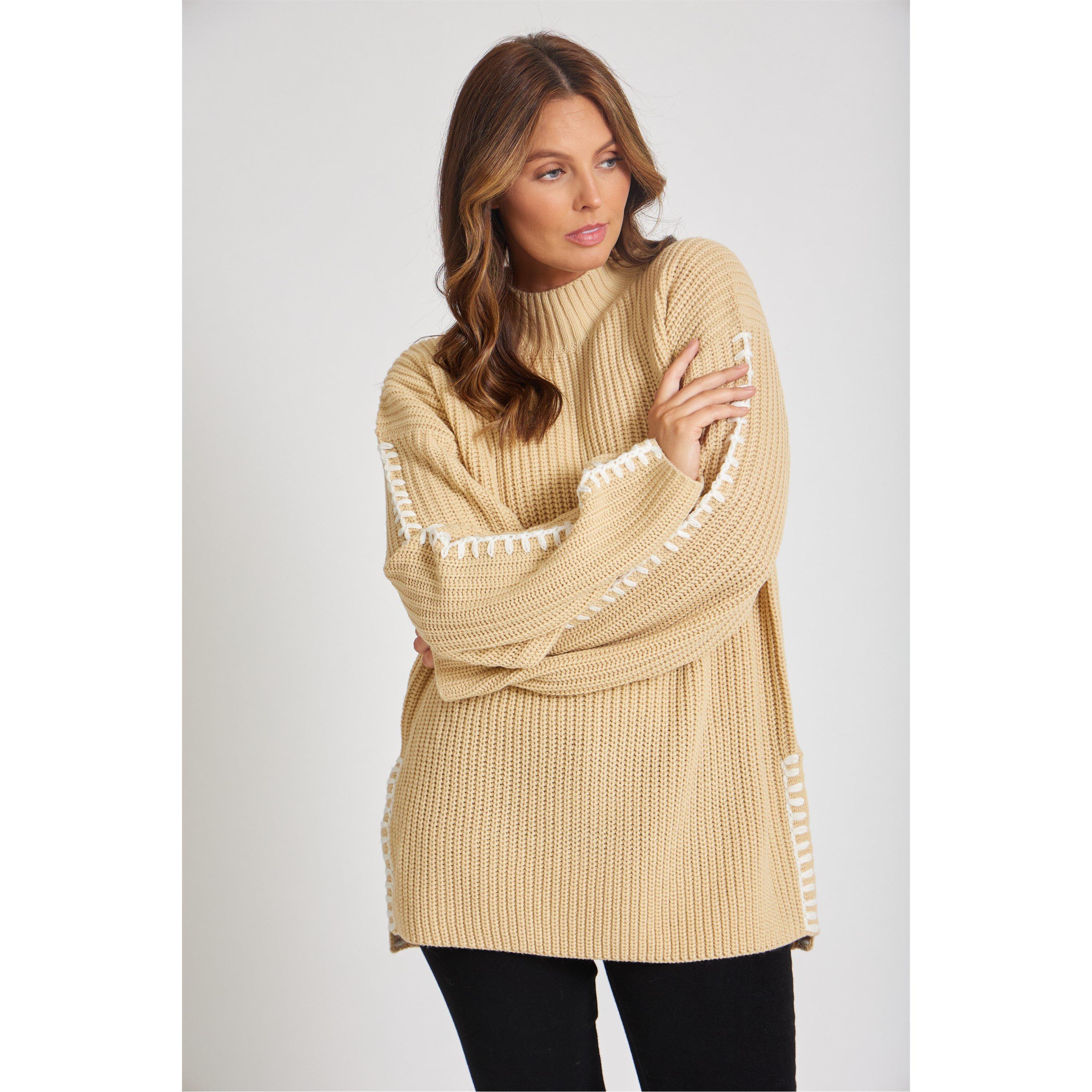 Beige - Be You - Women's BY Contrast Stitch Crew Neck Jumper - 6
