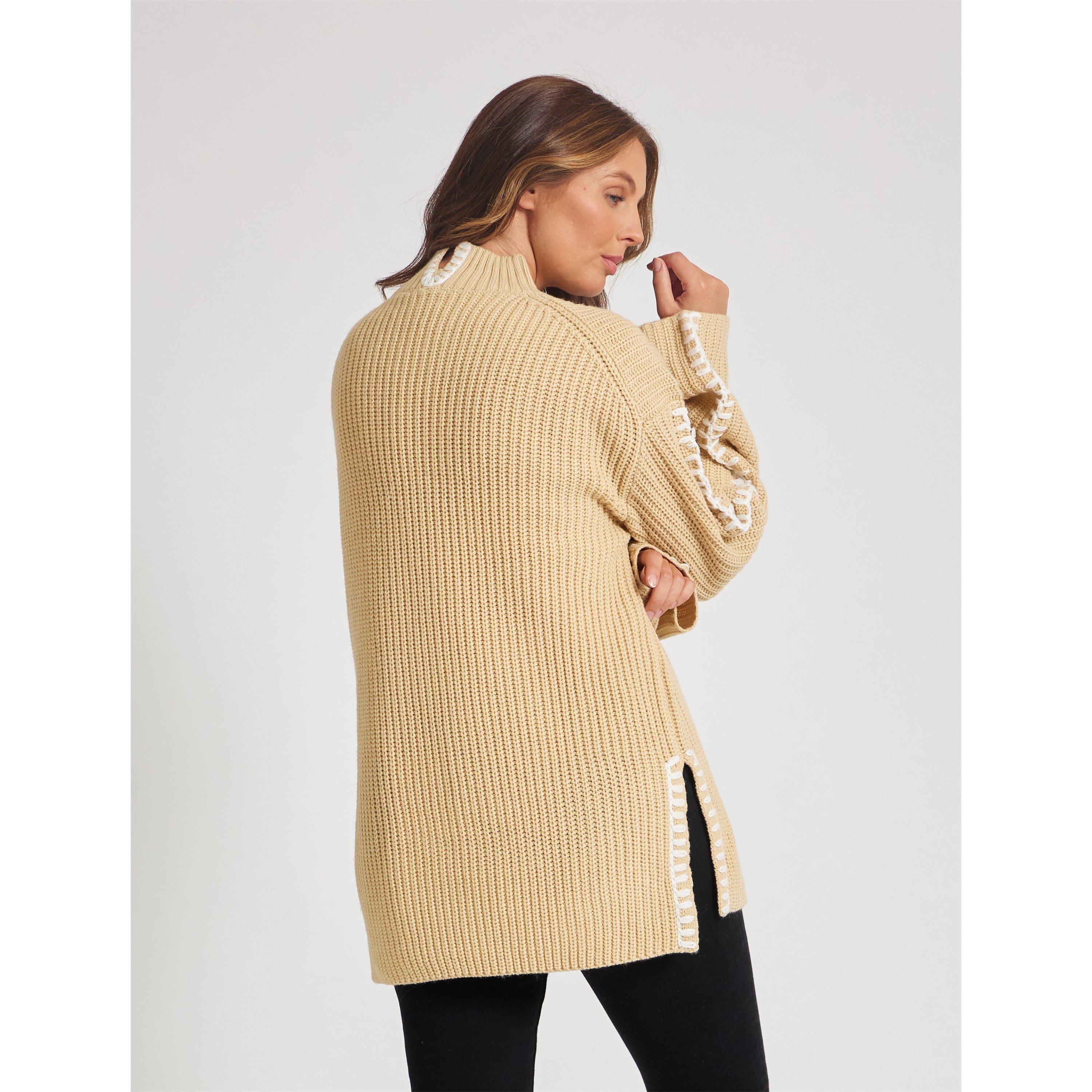Beige - Be You - Women's BY Contrast Stitch Crew Neck Jumper - 3