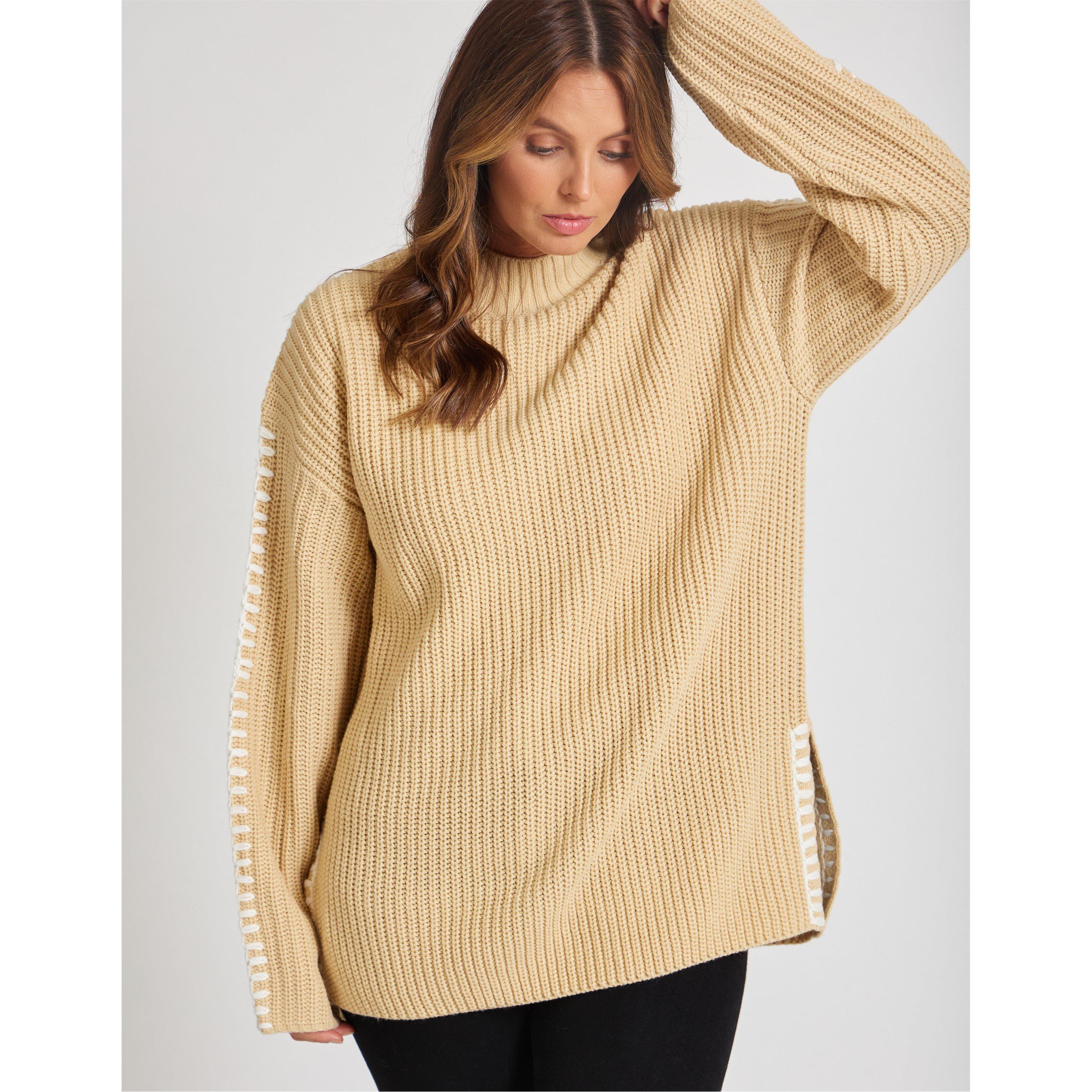 Beige - Be You - Women's BY Contrast Stitch Crew Neck Jumper - 4