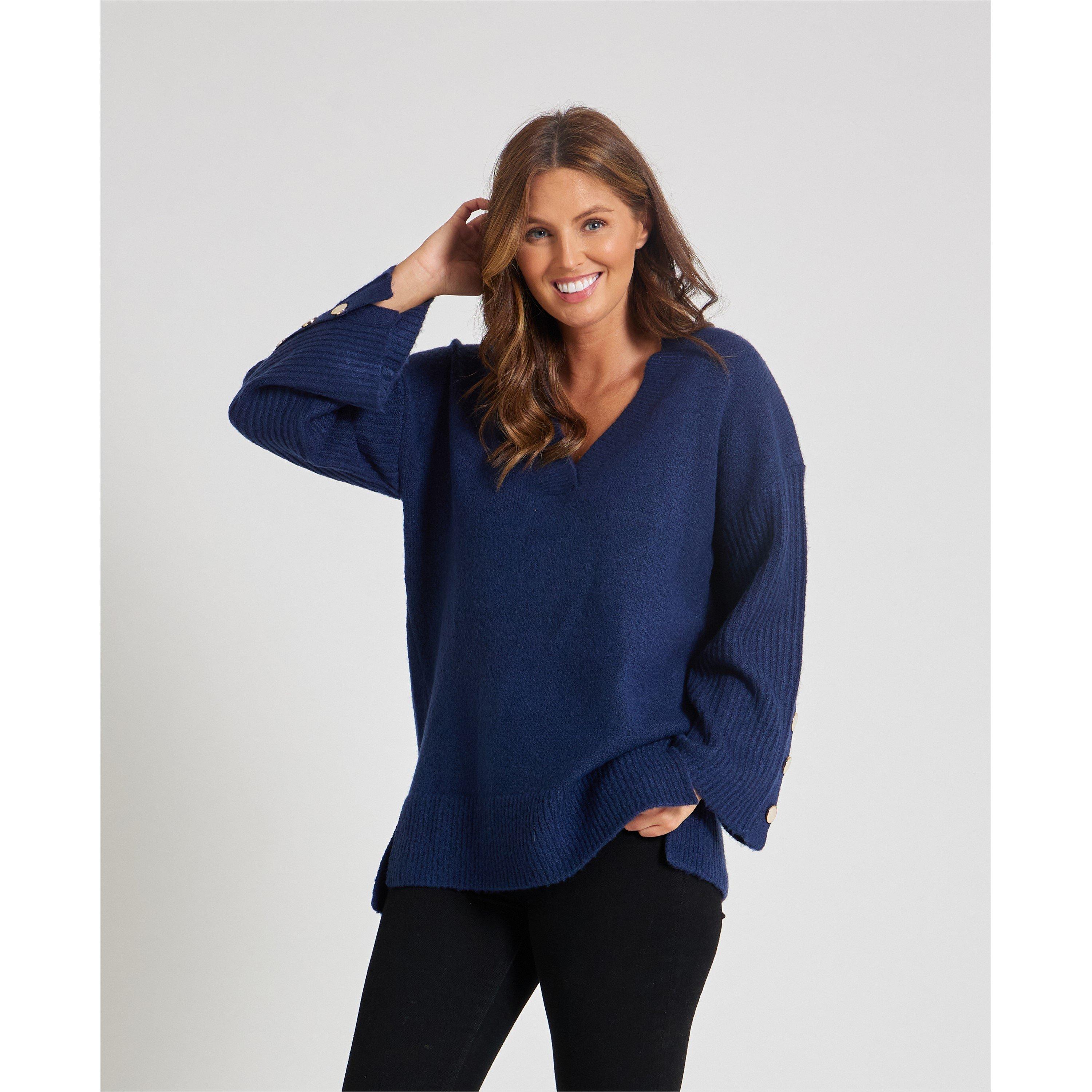 Navy - Be You - Button Sleeve Crew Neck Jumper - 1