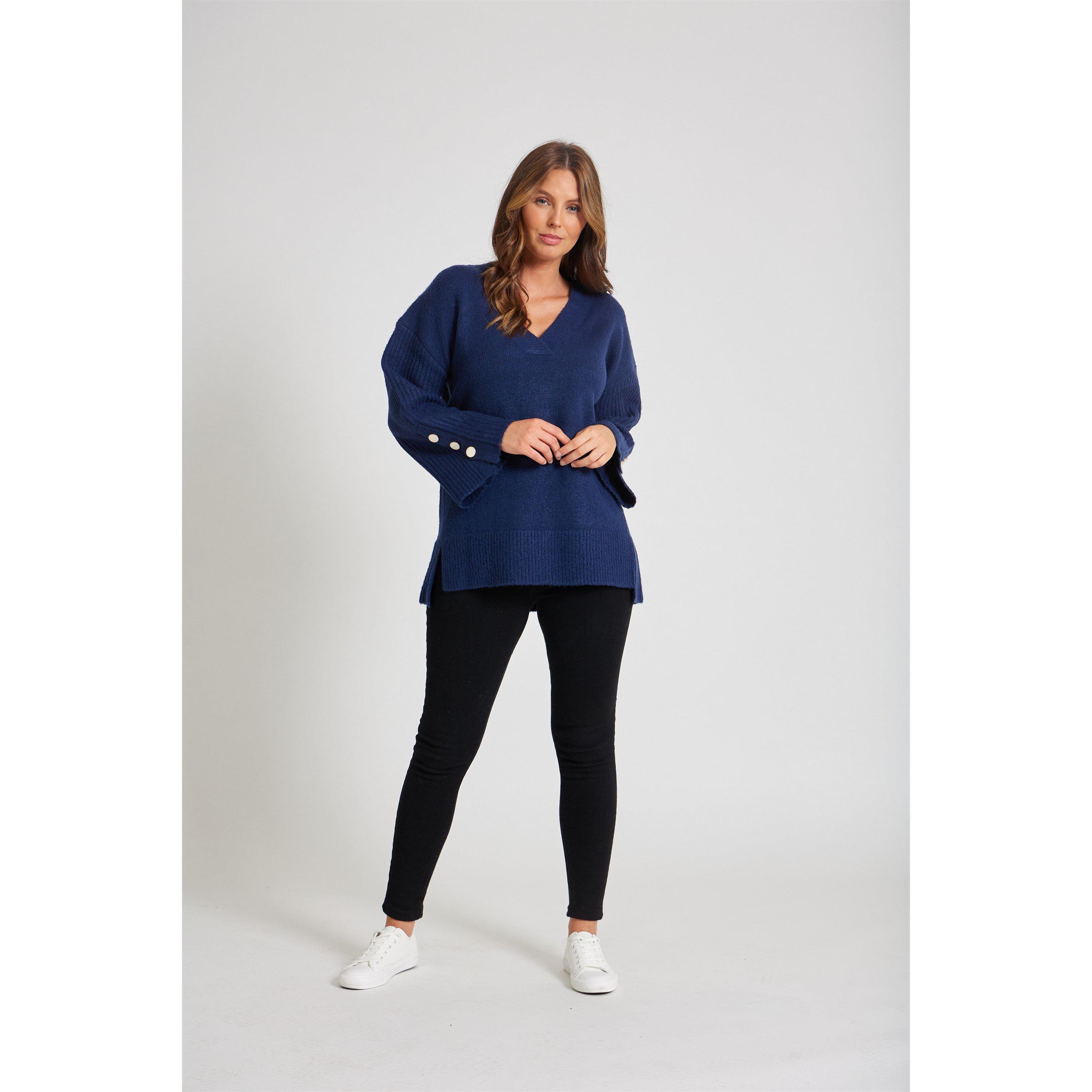 Navy - Be You - Button Sleeve Crew Neck Jumper - 2