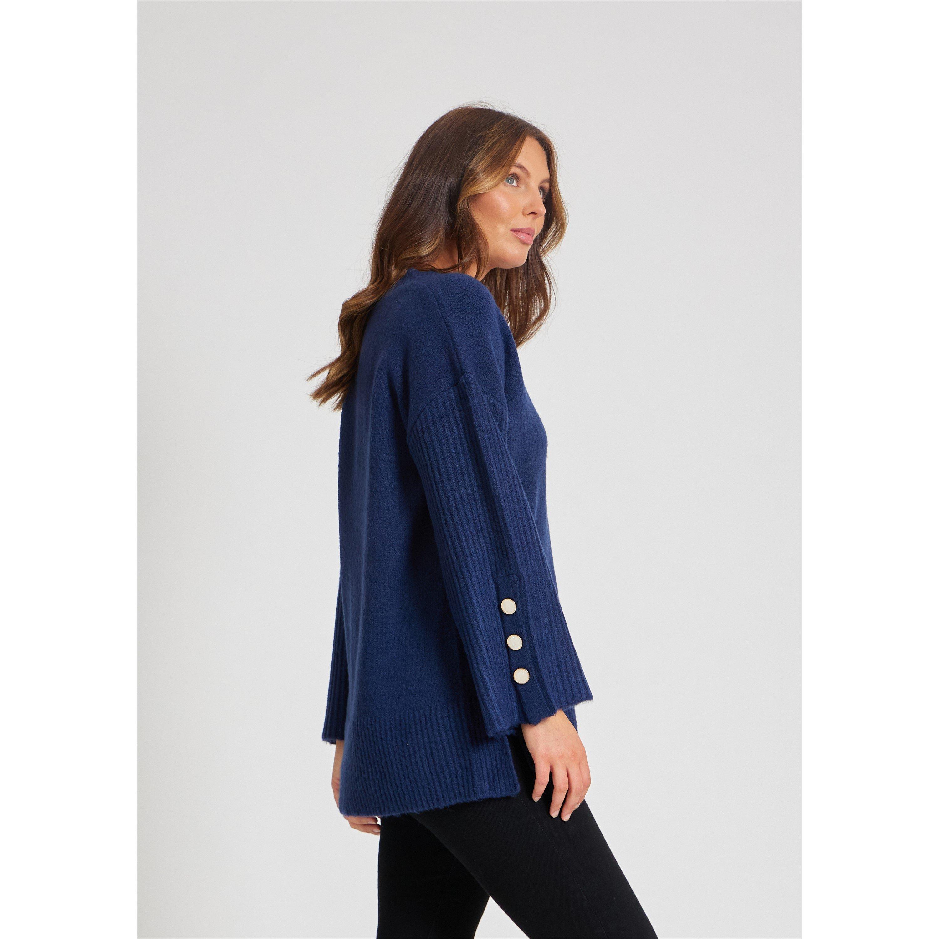 Navy - Be You - Button Sleeve Crew Neck Jumper - 5