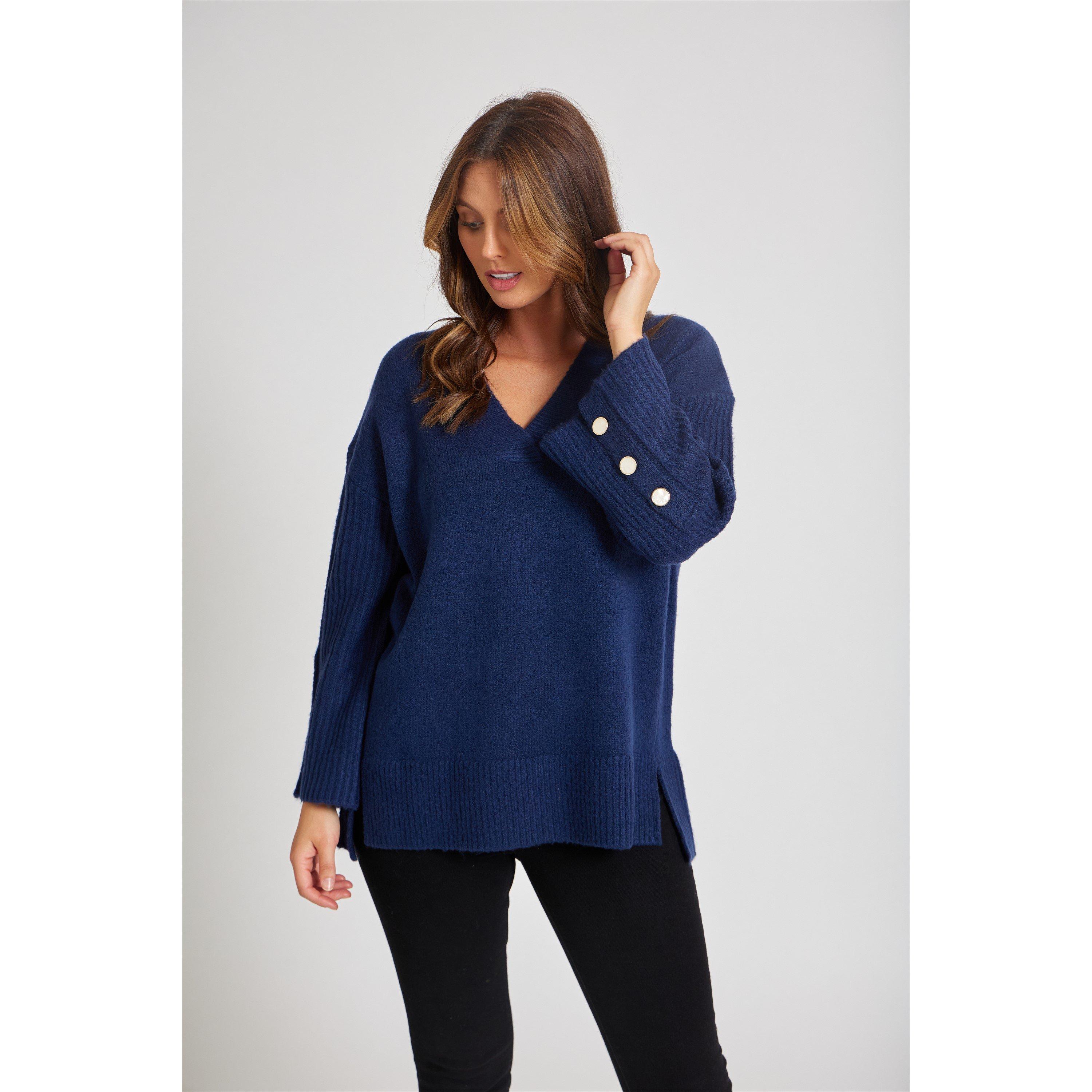 Navy - Be You - Button Sleeve Crew Neck Jumper - 6