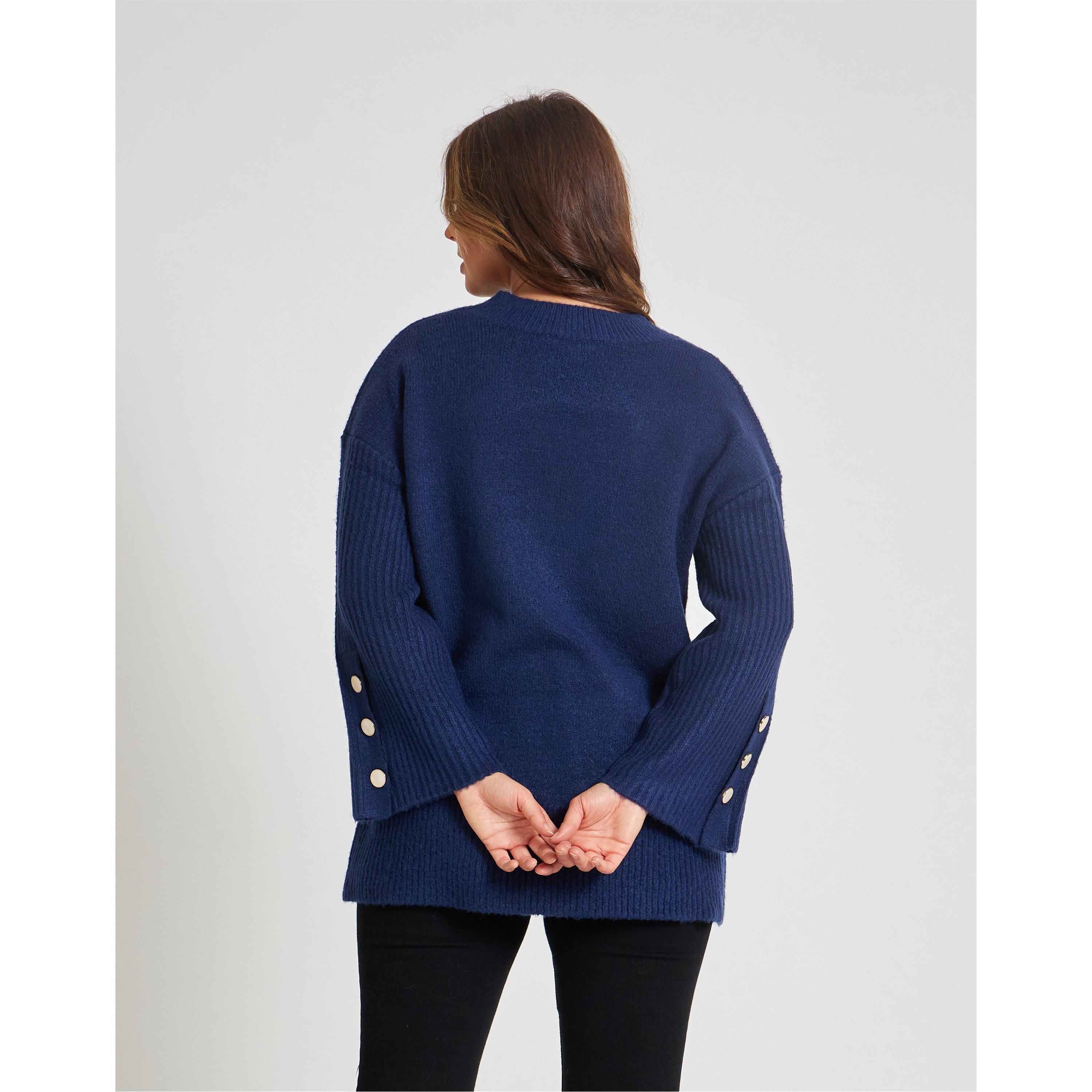 Navy - Be You - Button Sleeve Crew Neck Jumper - 3