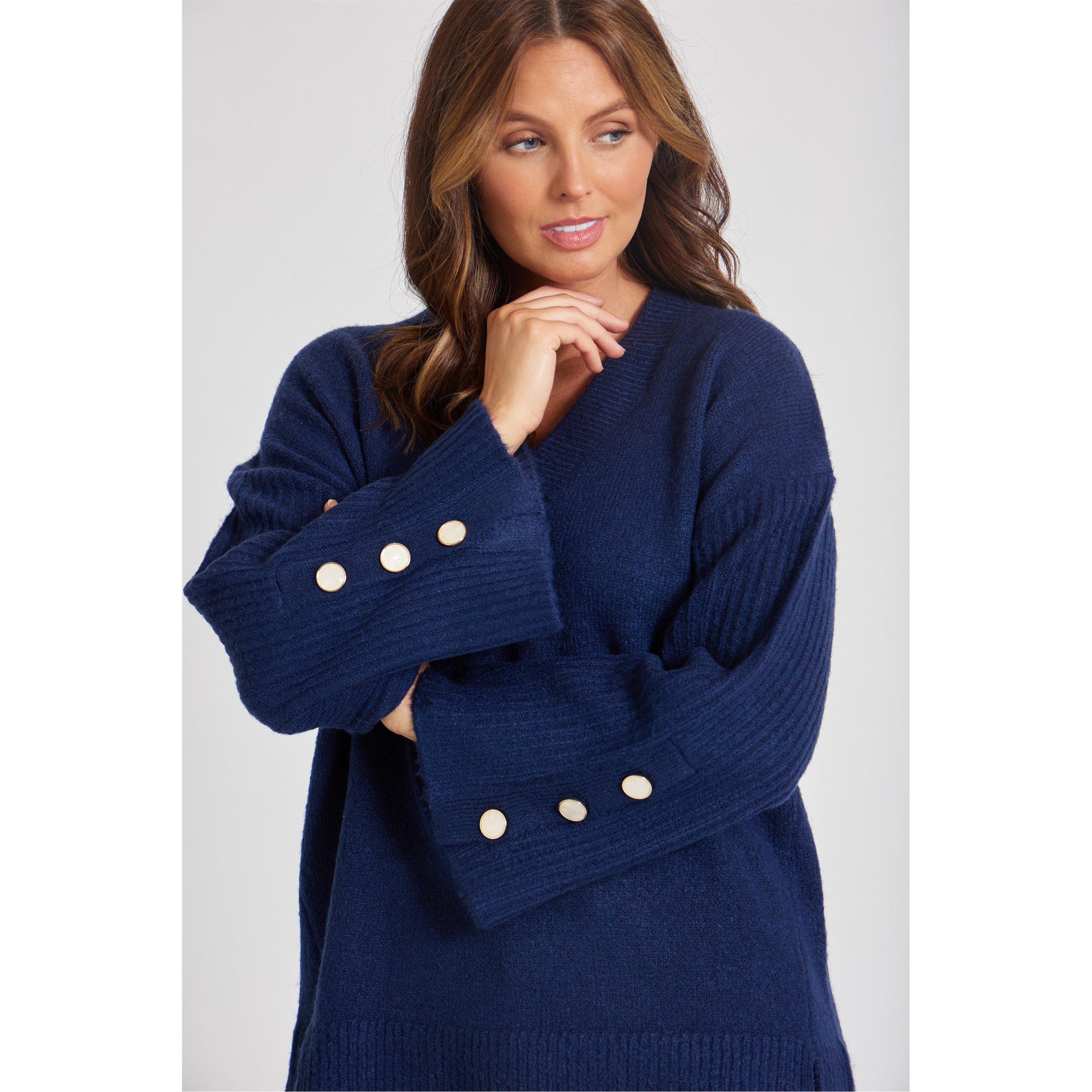 Navy - Be You - Button Sleeve Crew Neck Jumper - 4