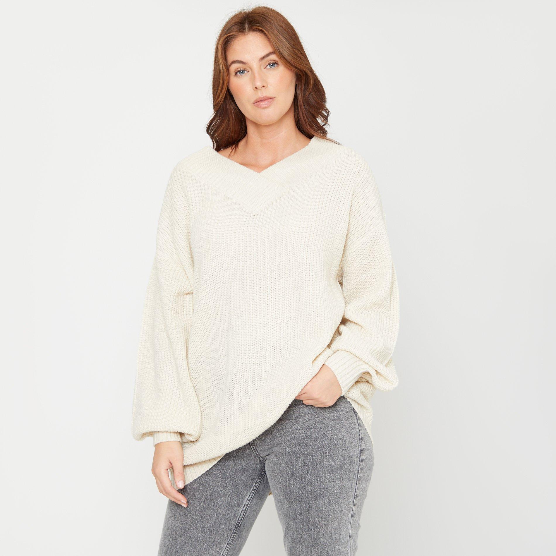 Beige - Be You - V Slouch Crew Neck Jumper - 2