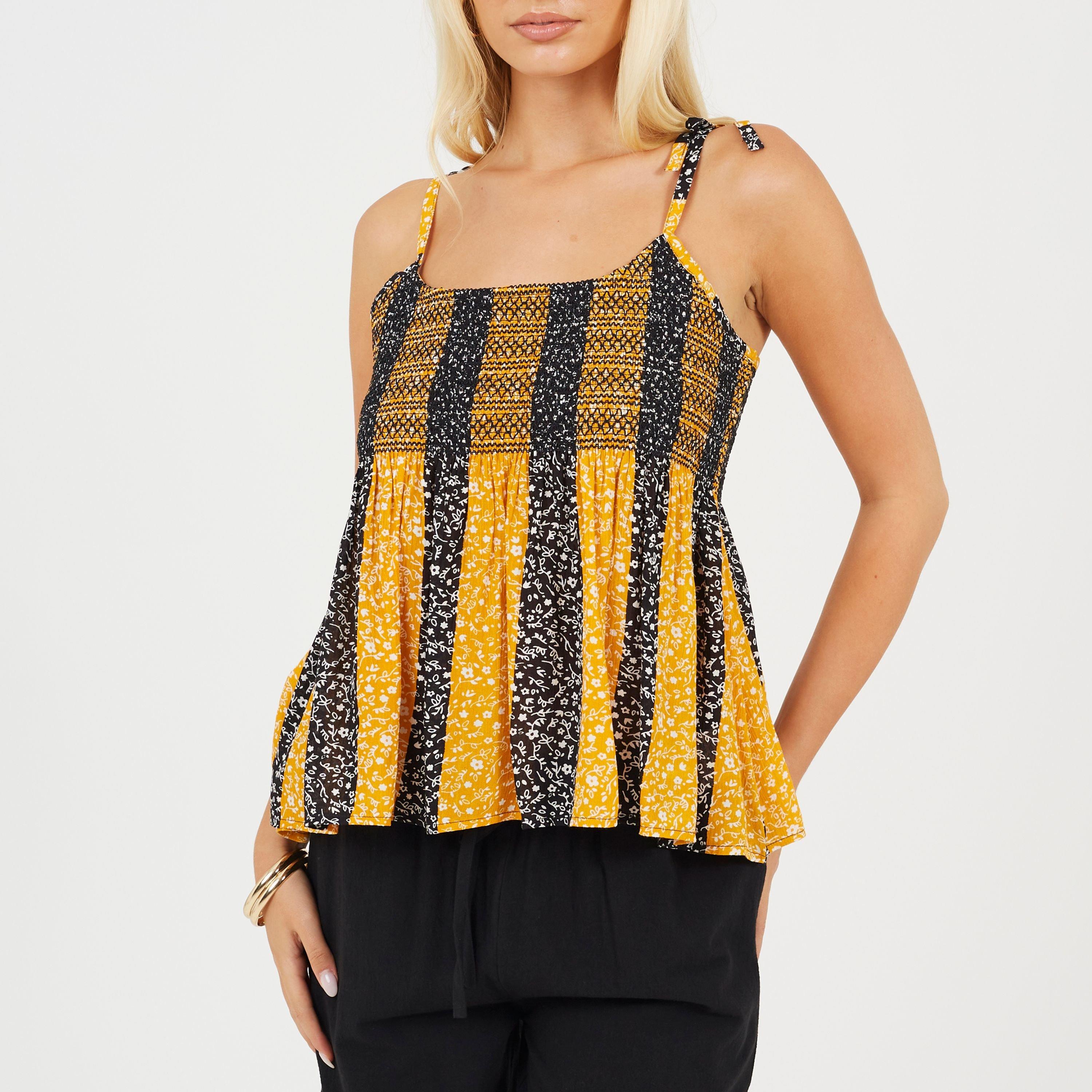 Yellow/Black - Brave Soul - Womens Shirred Bust Vest with Floral Stripe Print - 1