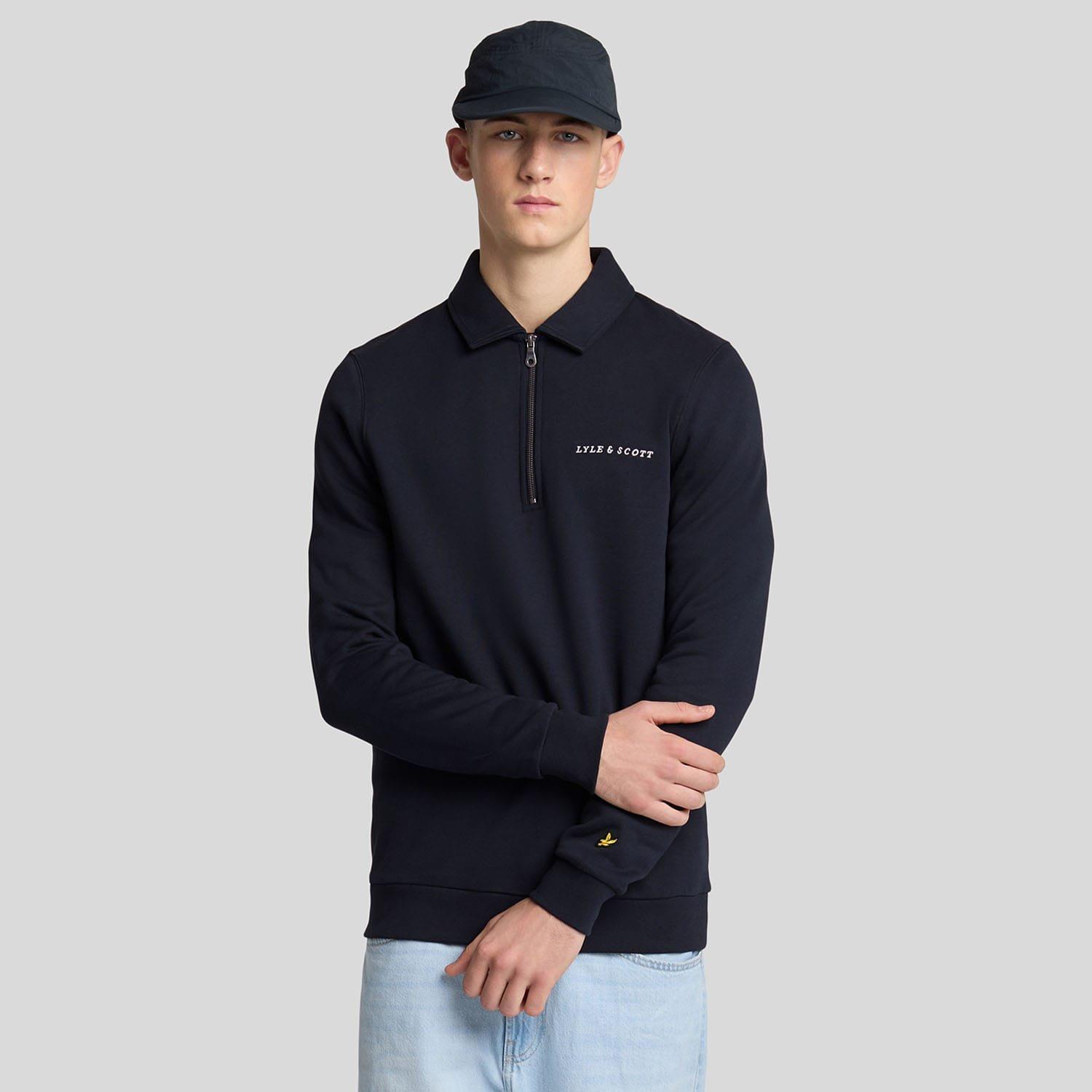 Navy - Lyle and Scott - Embroidered Collared Quarter Zip Sweatshirt - 1
