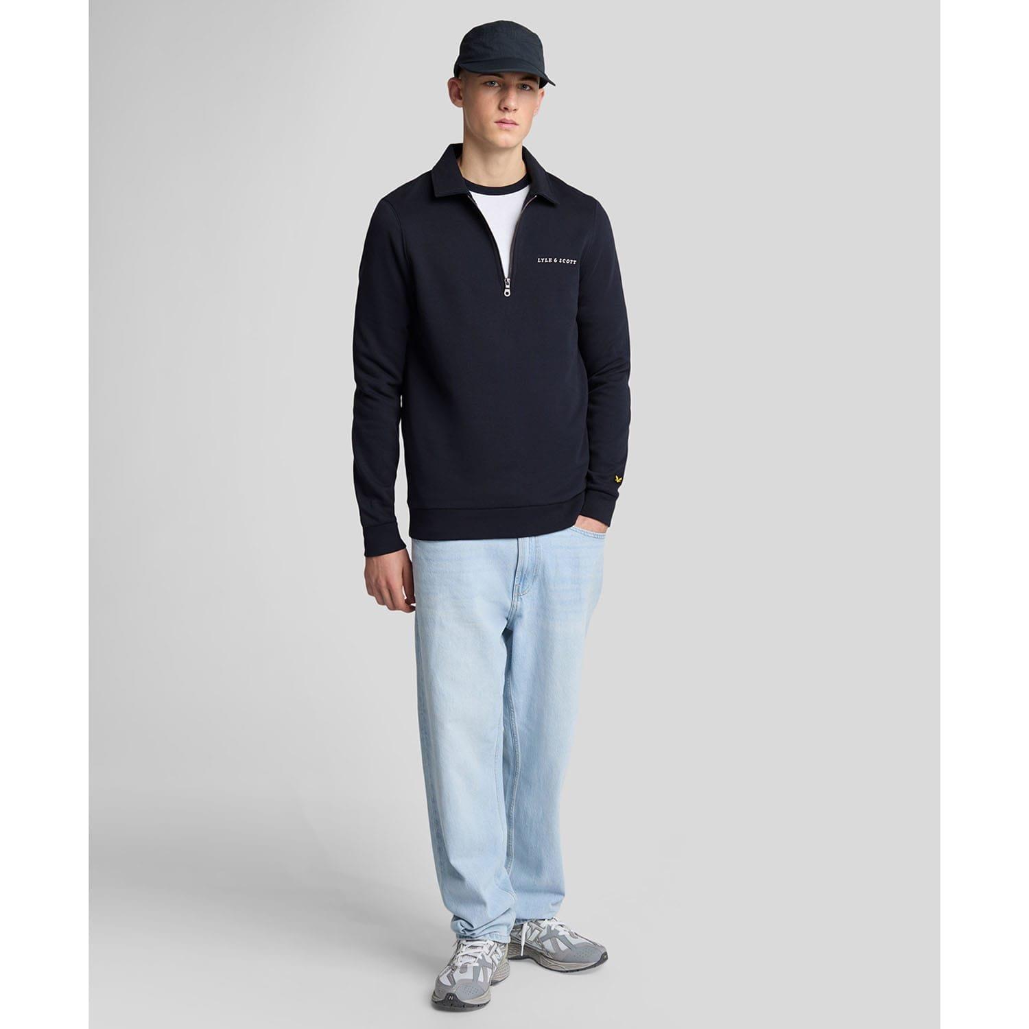 Navy - Lyle and Scott - Embroidered Collared Quarter Zip Sweatshirt - 2