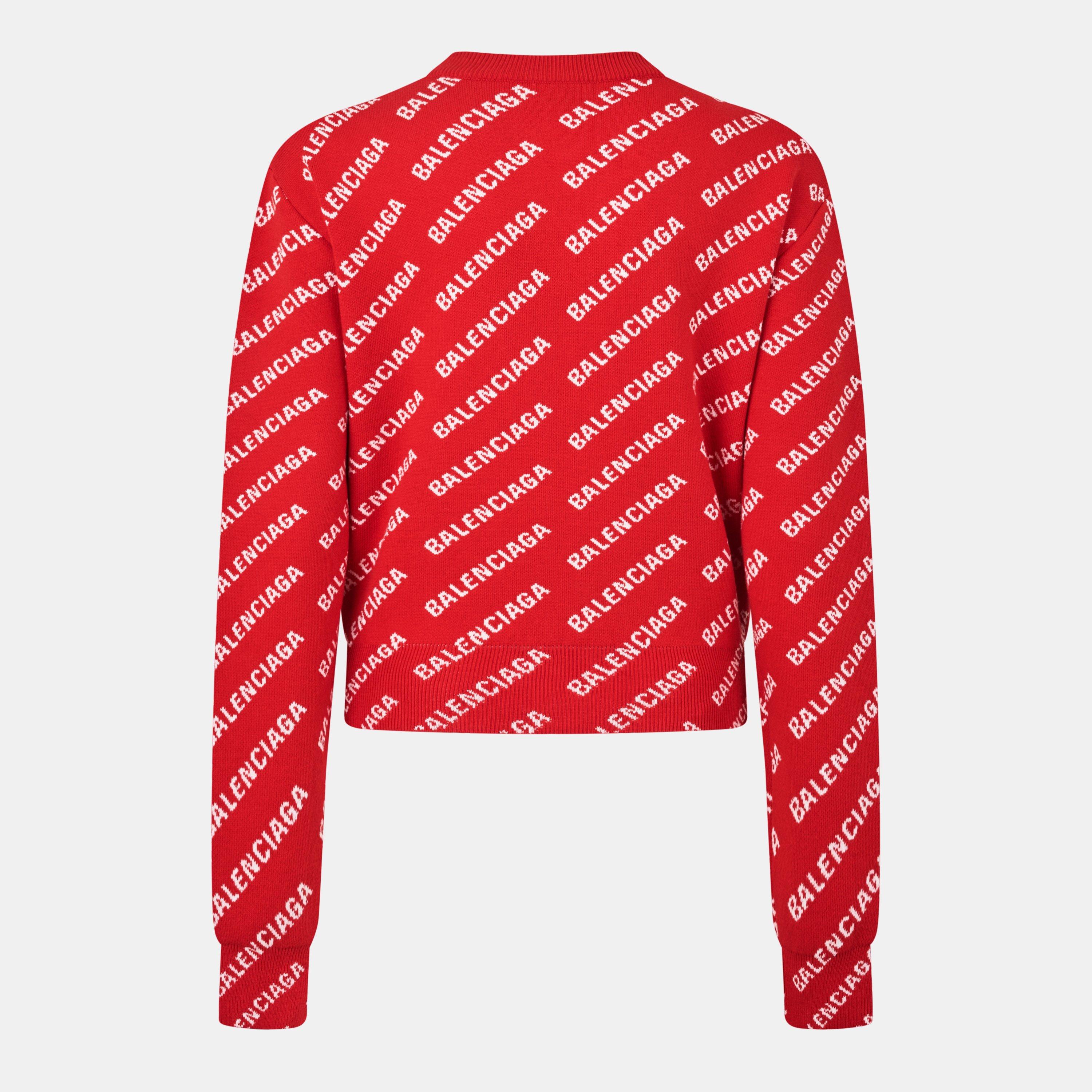 Red/White - Balenciaga - Logo Jacquard Cotton-Blend Crewneck Jumper - 2