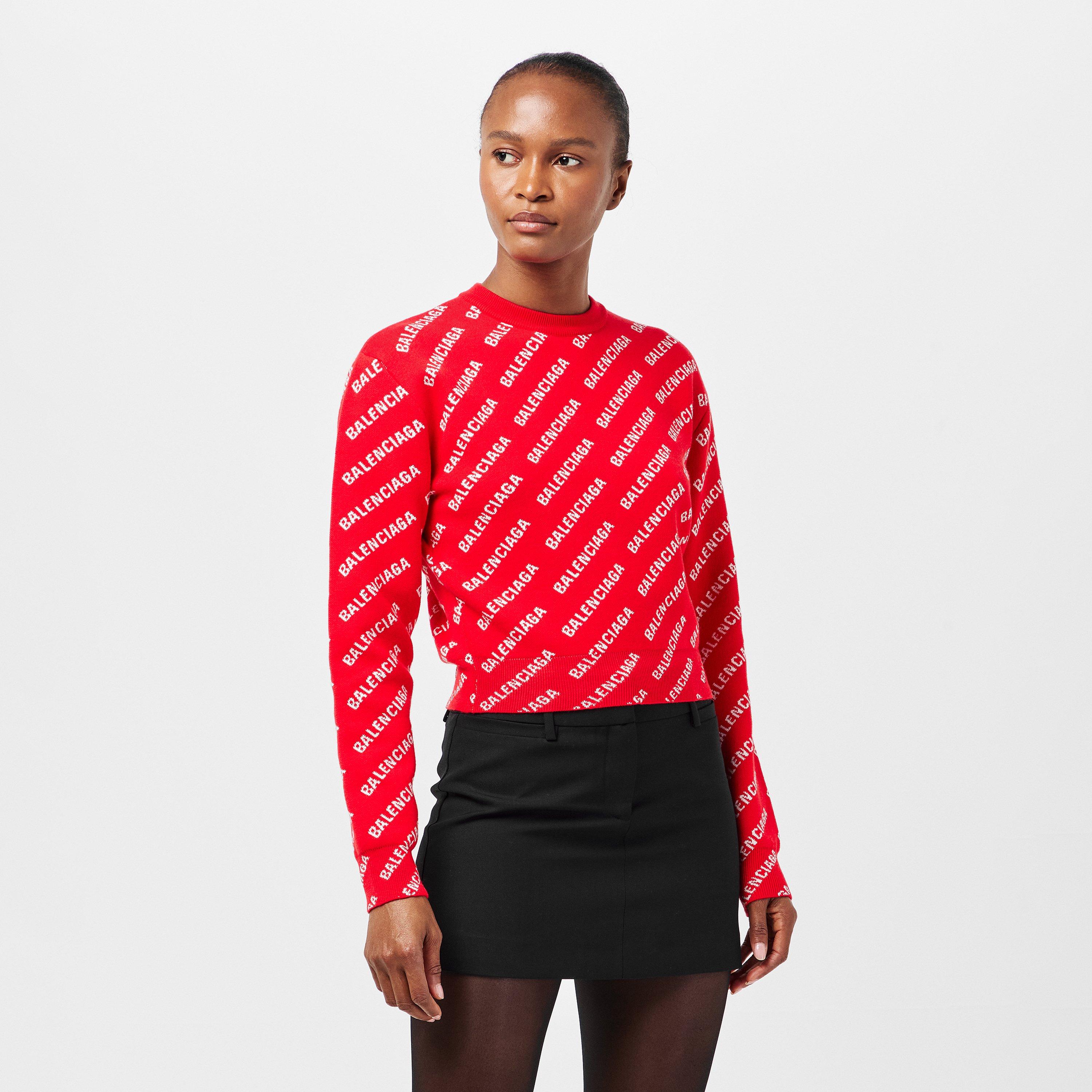 Red/White - Balenciaga - Logo Jacquard Cotton-Blend Crewneck Jumper - 3