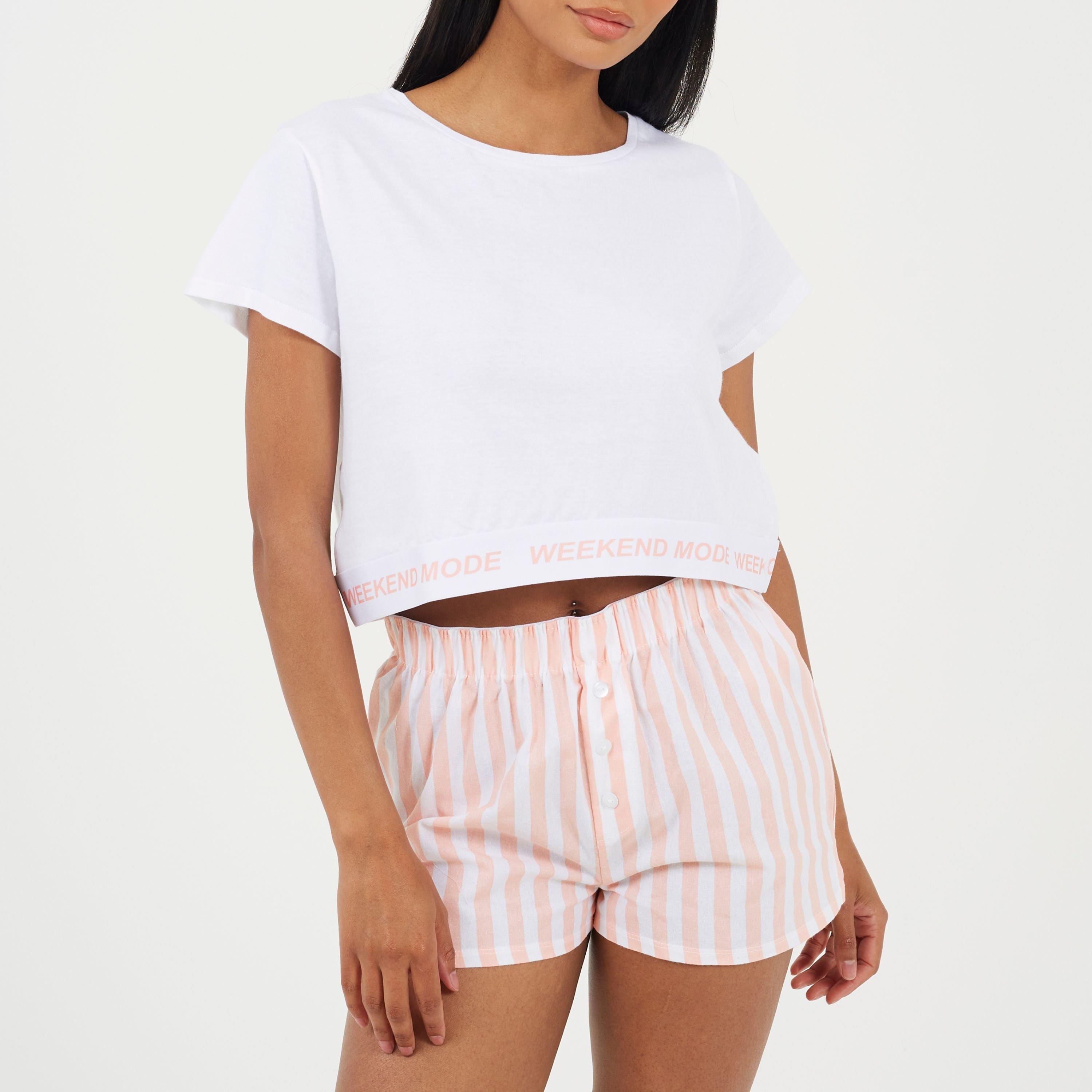 White/Peach - Brave Soul - Womens Weekend Mode Short Pyjama Set - 1