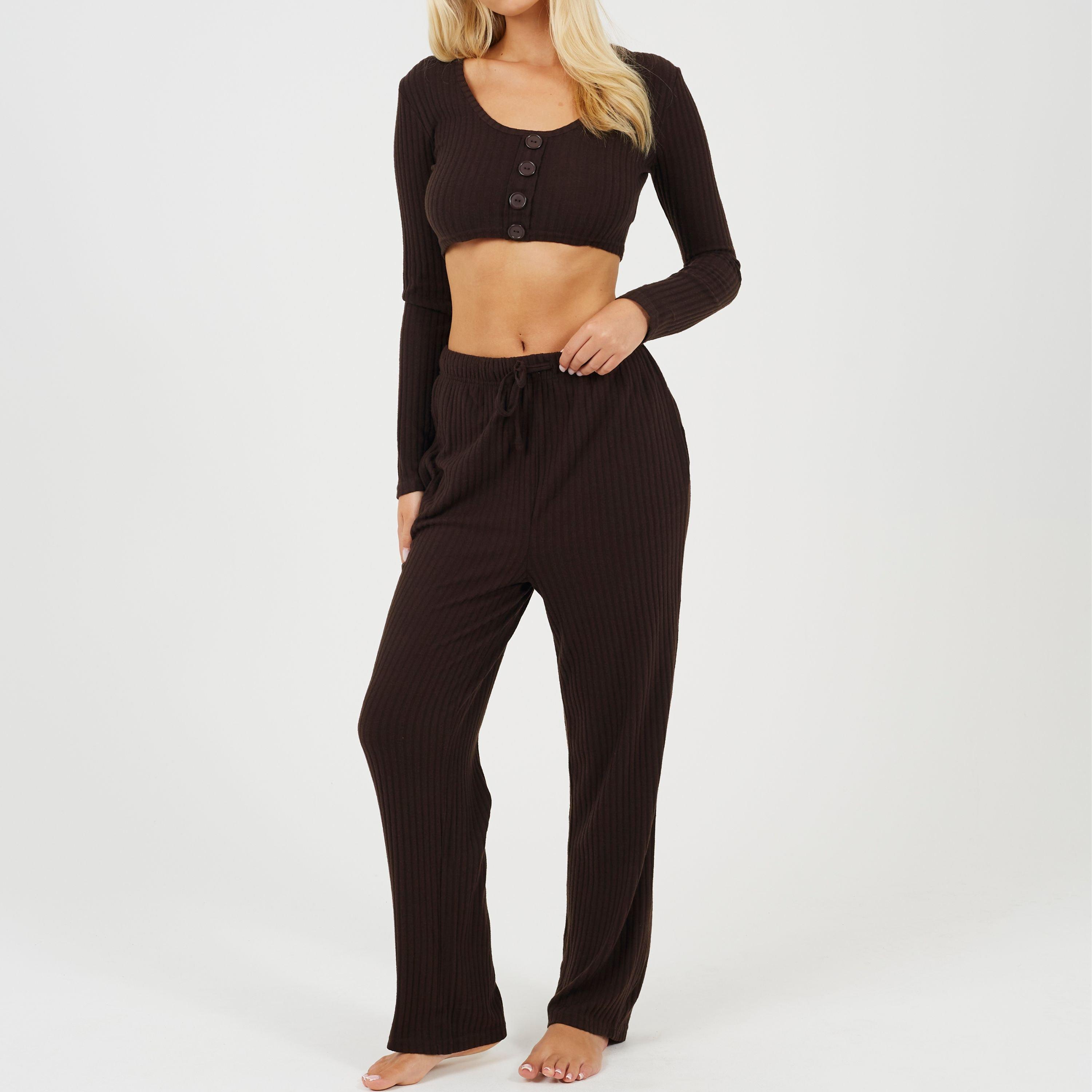 Brave Soul Women's Long Sleeve Cropped Top And Matching Trouser Lounge Set - Chocolate - 12 (M)