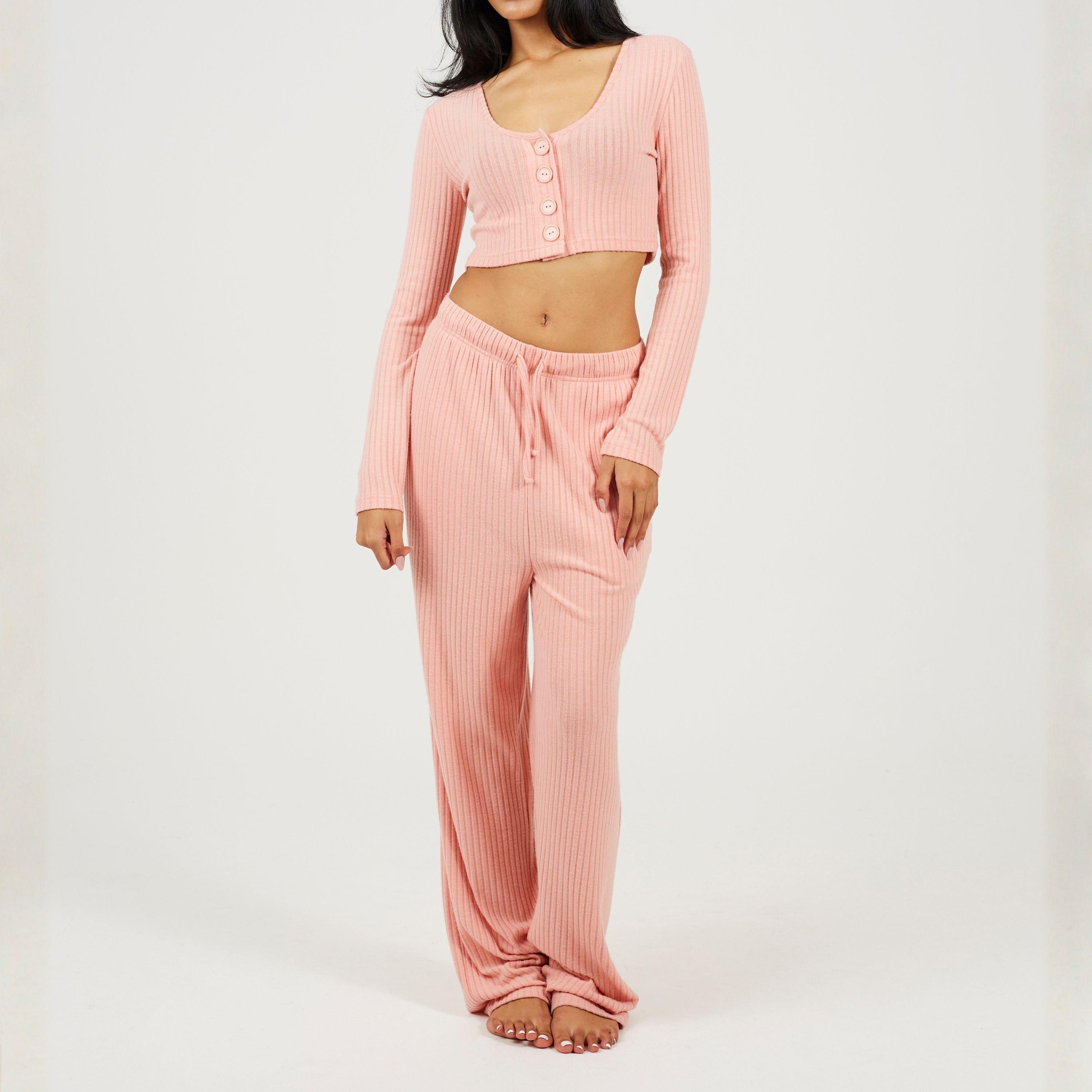 Dusty Pink - Brave Soul - Womens Long Sleeve Cropped Top and Matching Trouser Lounge Set - 1