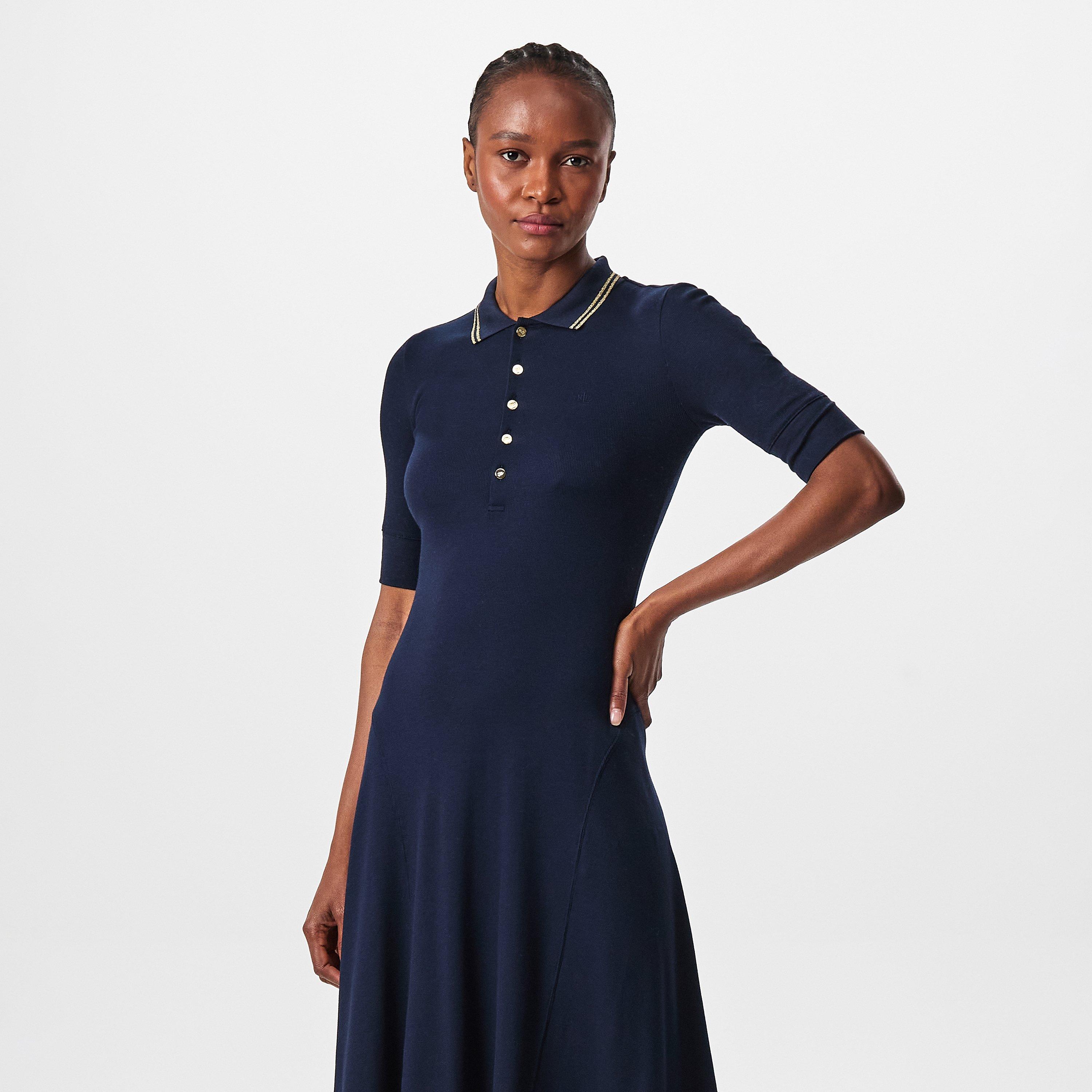 Navy/Gold - Lauren by Ralph Lauren - Cotton-Blend Polo Dress - 2