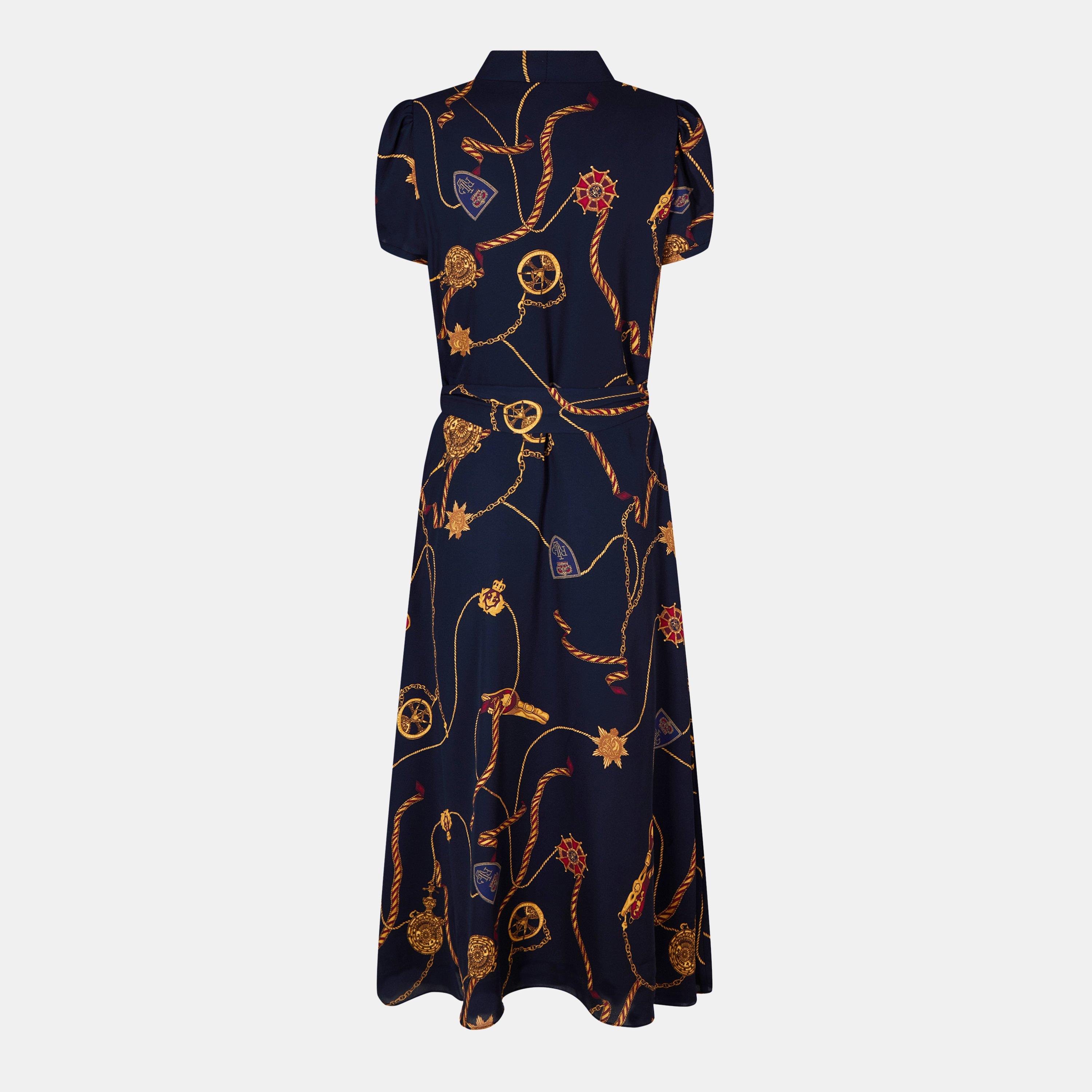 Navy Multi - Lauren by Ralph Lauren - Print Belted Georgette Puff-Sleeve Dress - 2