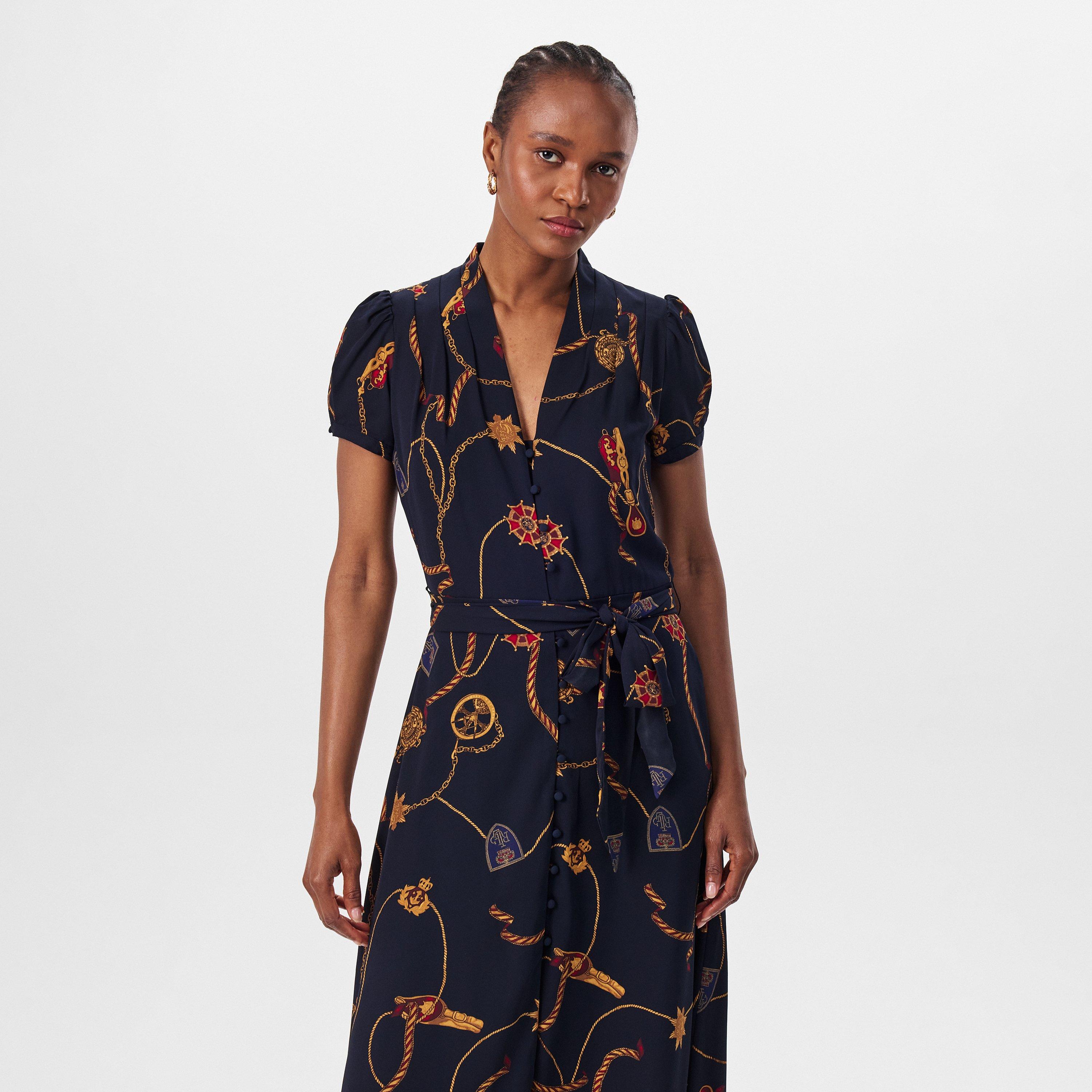 Navy Multi - Lauren by Ralph Lauren - Print Belted Georgette Puff-Sleeve Dress - 3