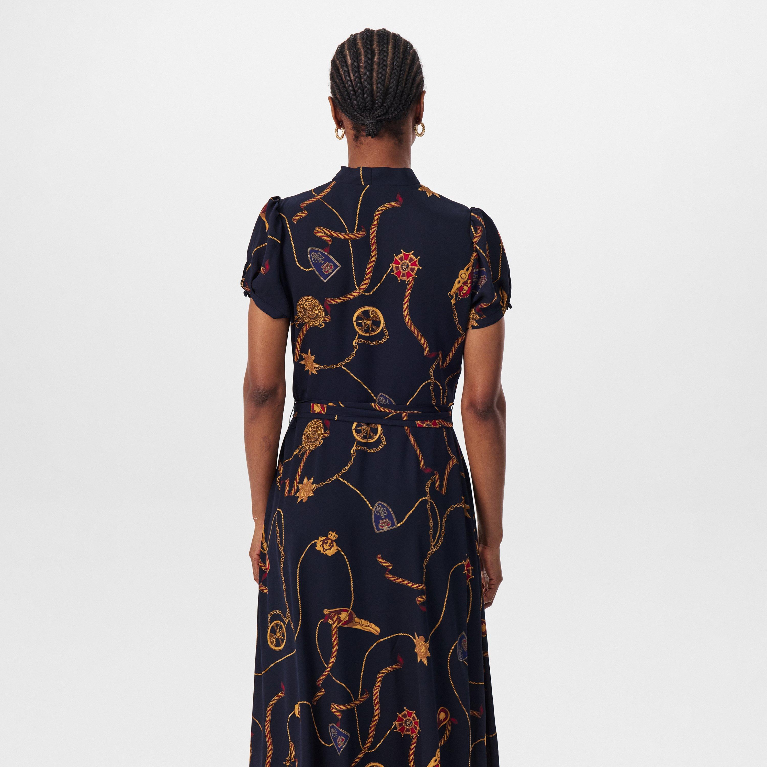 Navy Multi - Lauren by Ralph Lauren - Print Belted Georgette Puff-Sleeve Dress - 4