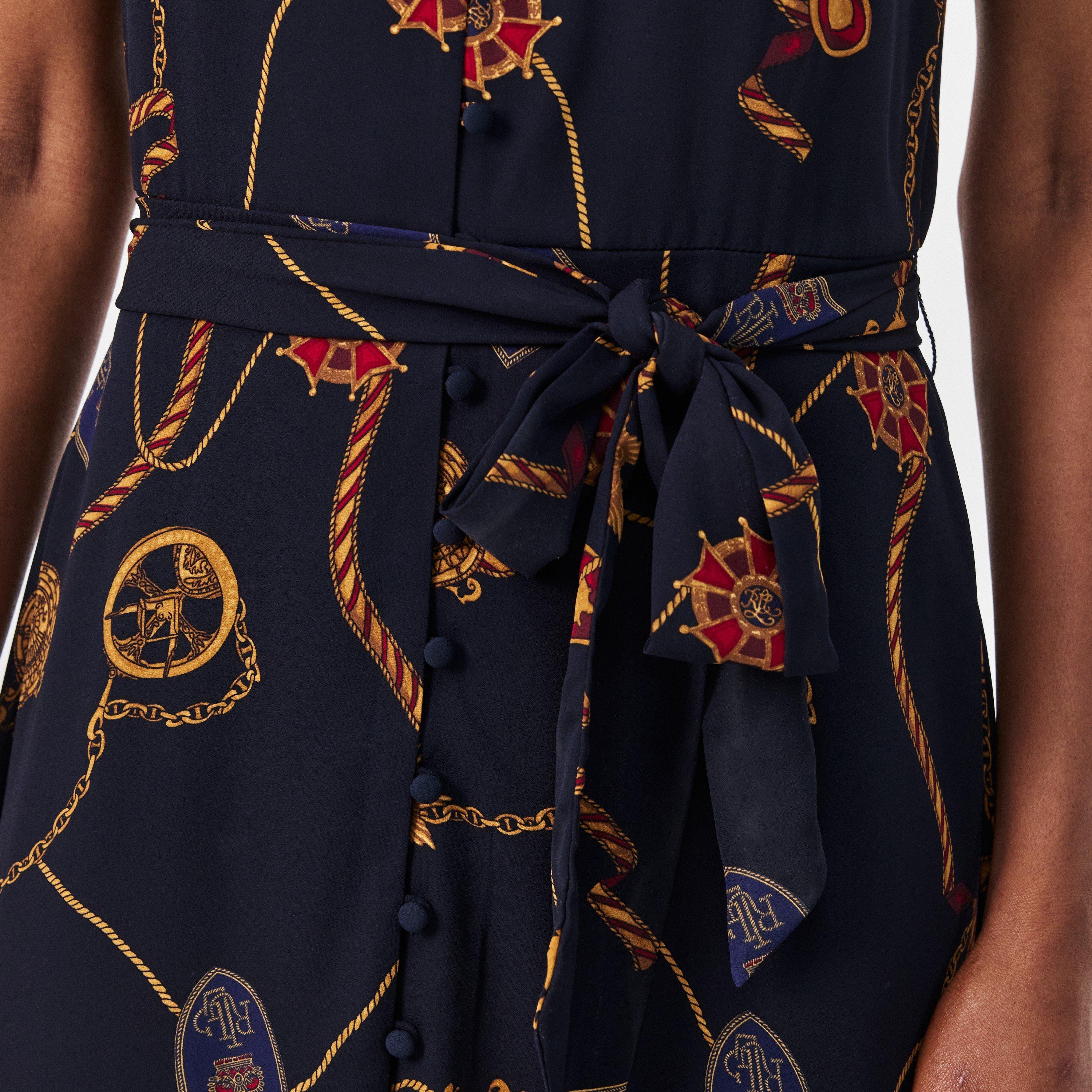 Navy Multi - Lauren by Ralph Lauren - Print Belted Georgette Puff-Sleeve Dress - 5