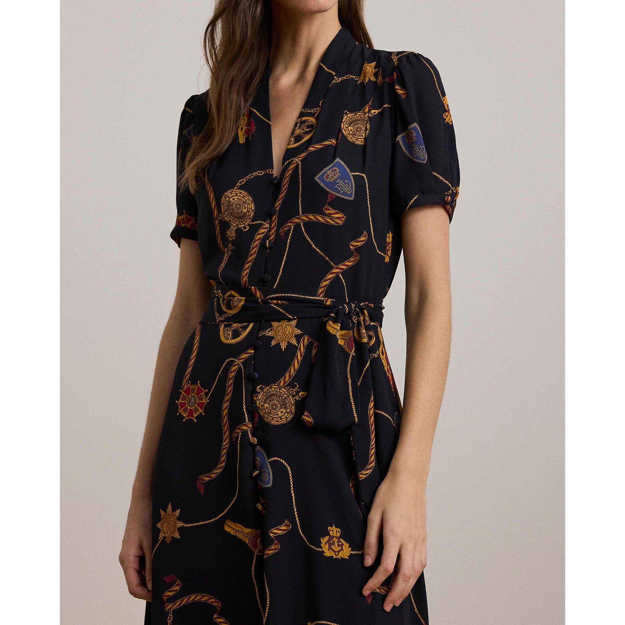 Navy Multi - Lauren by Ralph Lauren - Print Belted Georgette Puff-Sleeve Dress - 6