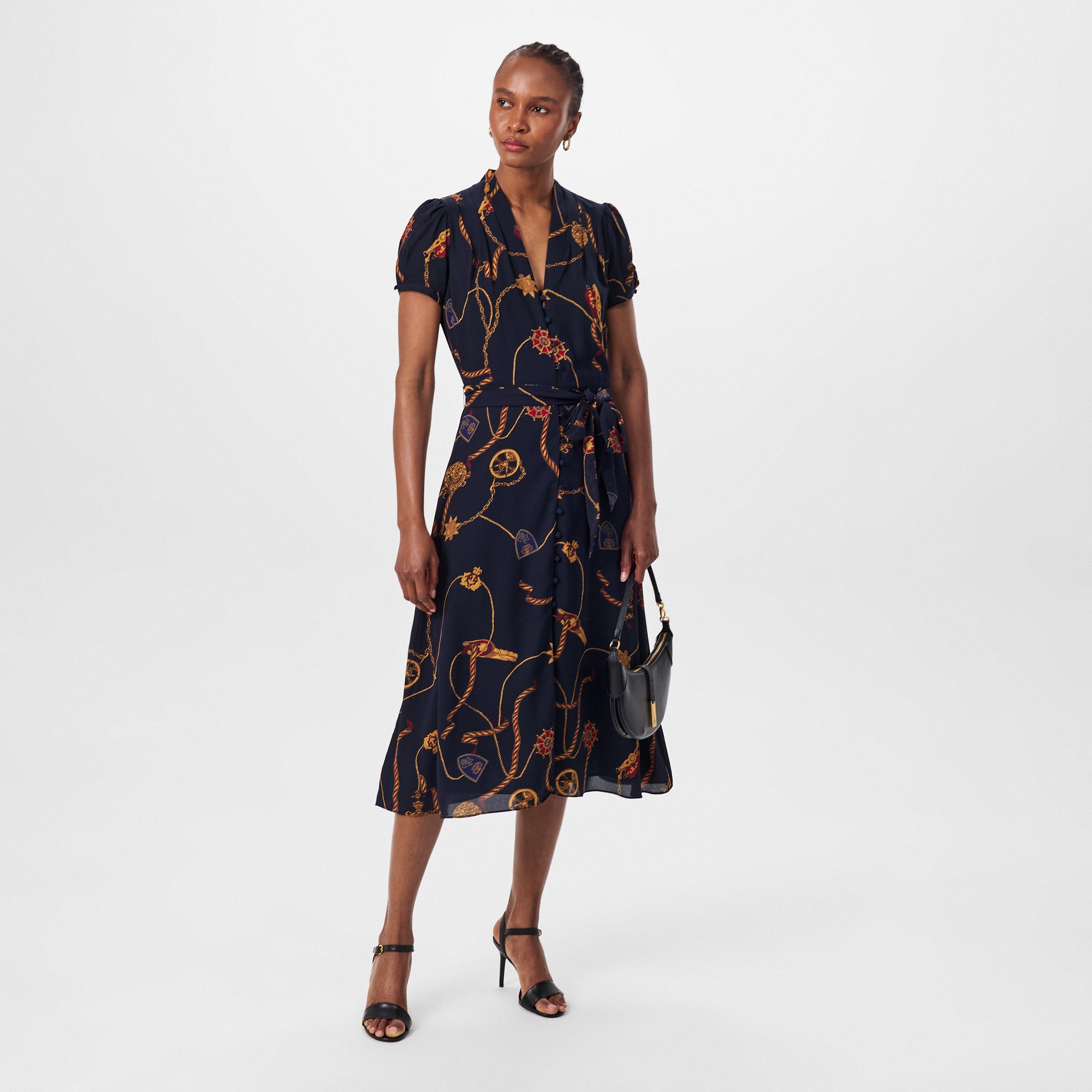 Navy Multi - Lauren by Ralph Lauren - Print Belted Georgette Puff-Sleeve Dress - 6