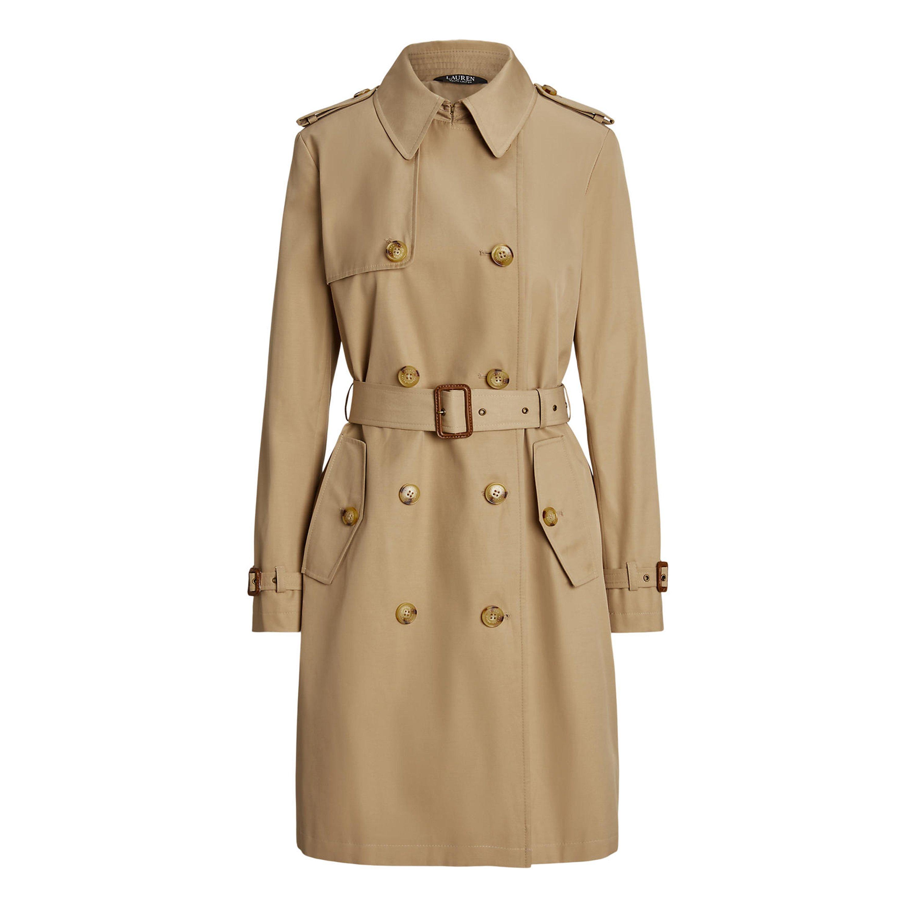 Birch Tan - Lauren by Ralph Lauren - Women's Double Breasted Belted Cotton Knee Length Long Sleeve Trench Coat - 1
