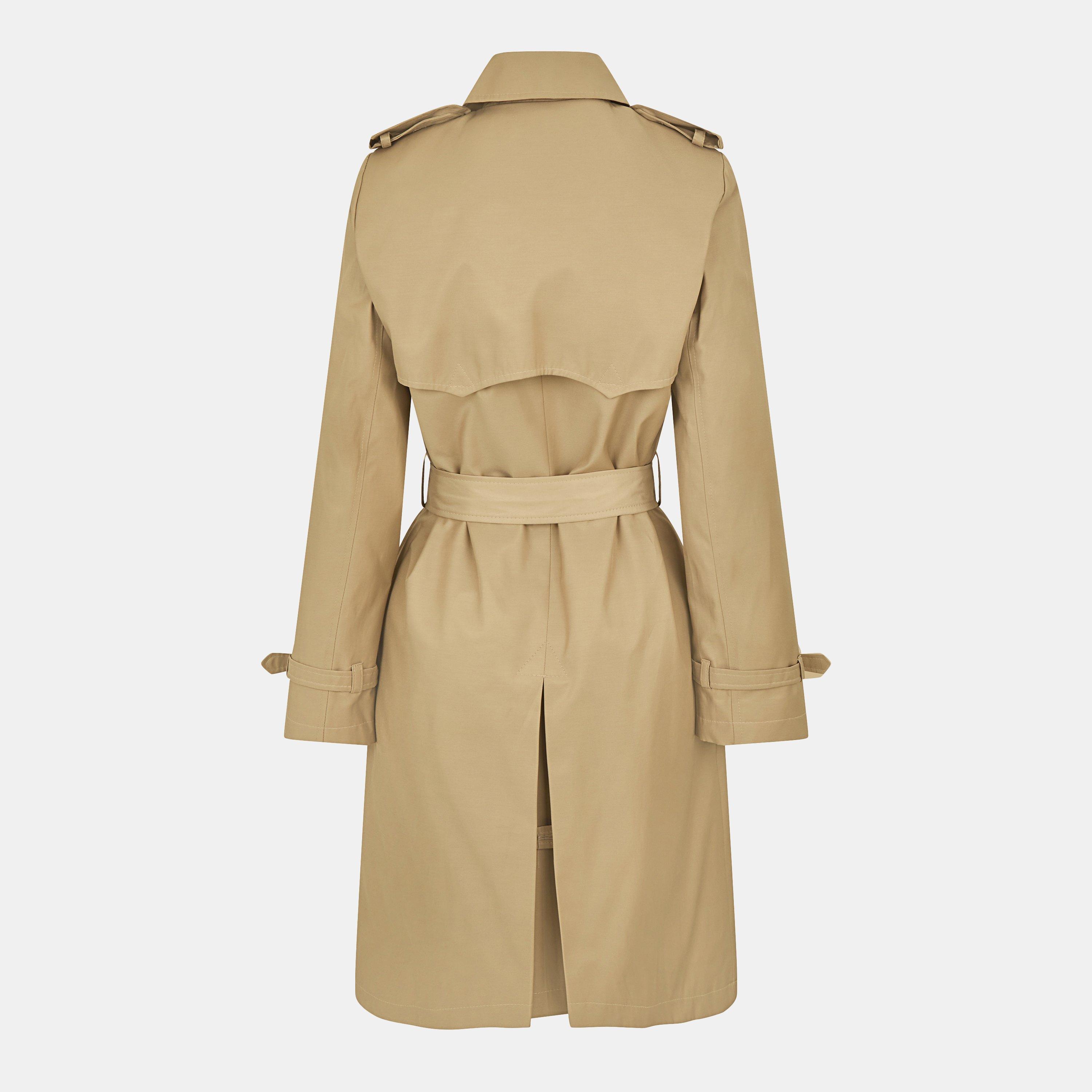 Birch Tan - Lauren by Ralph Lauren - Women's Double Breasted Belted Cotton Knee Length Long Sleeve Trench Coat - 2