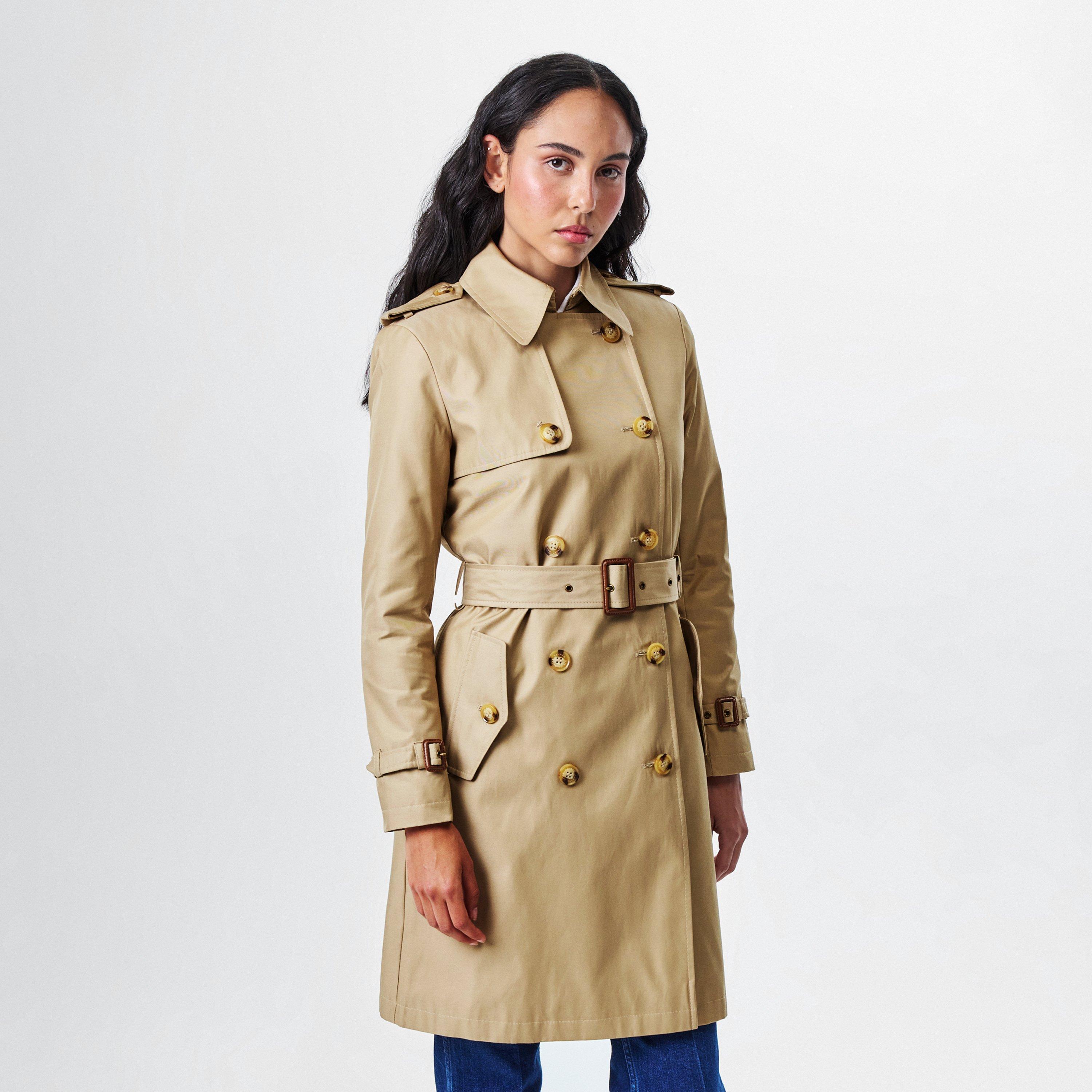 Birch Tan - Lauren by Ralph Lauren - Women's Double Breasted Belted Cotton Knee Length Long Sleeve Trench Coat - 3