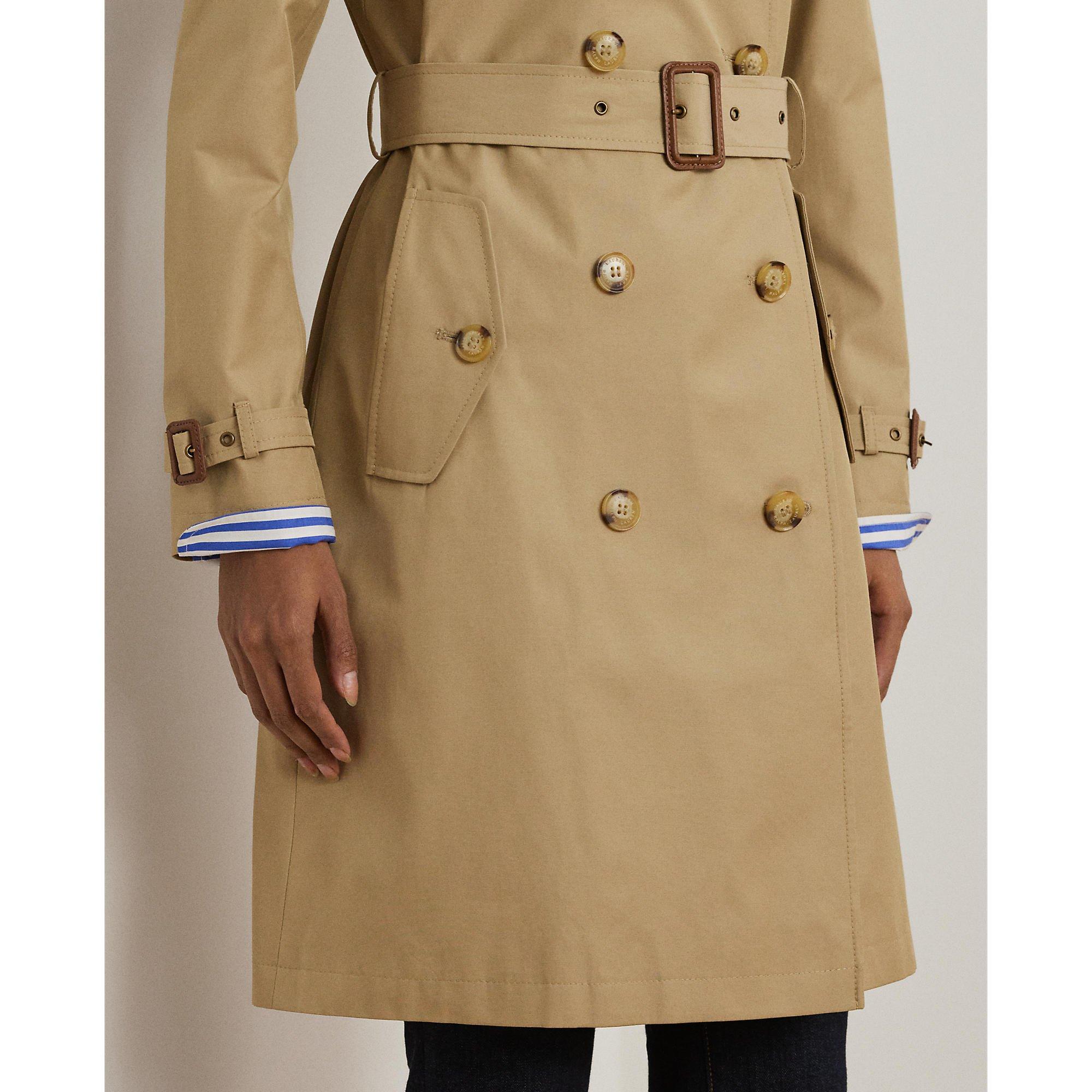 Birch Tan - Lauren by Ralph Lauren - Women's Double Breasted Belted Cotton Knee Length Long Sleeve Trench Coat - 5