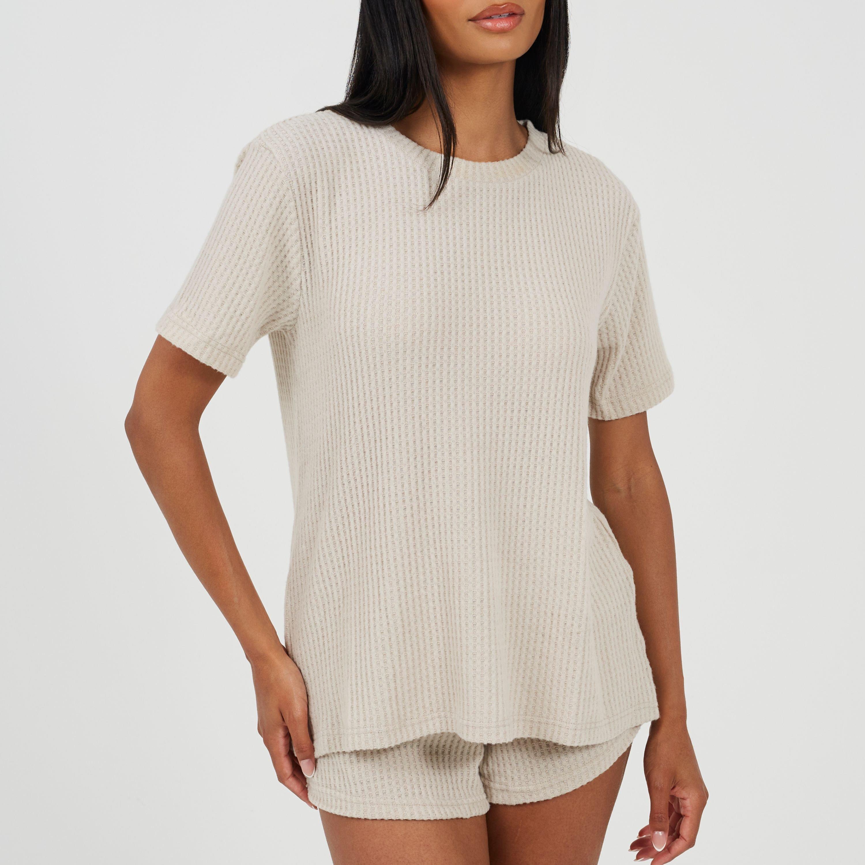 Natural - Brave Soul - Womens Short Sleeve T-shirt and Shorts Waffle Lounge Set - 1