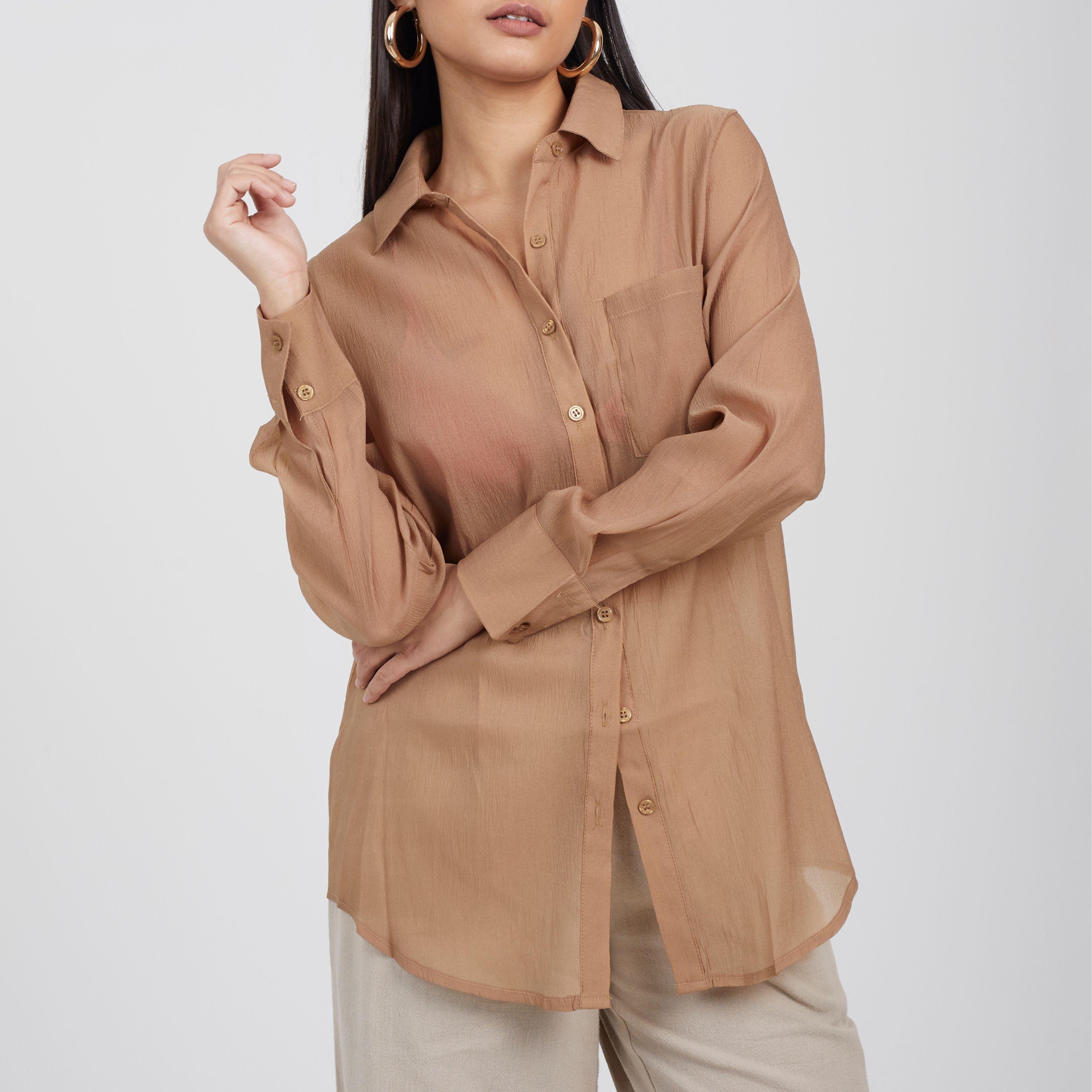 Beige - Brave Soul - Brave Womens Long Sleeve Plain Shirt with Chest Pocket - 1